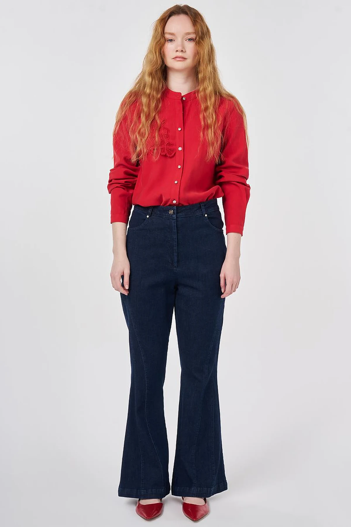Washed Flared Denim Trousers Navy 
