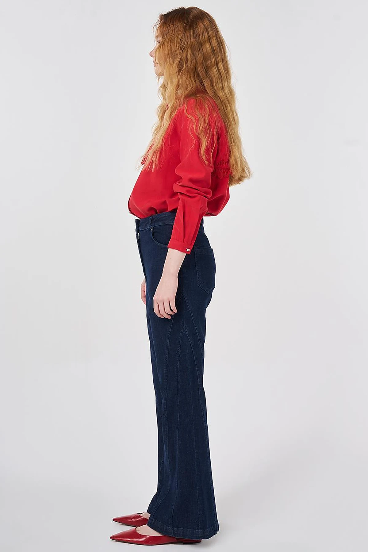Washed Flared Denim Trousers Navy 