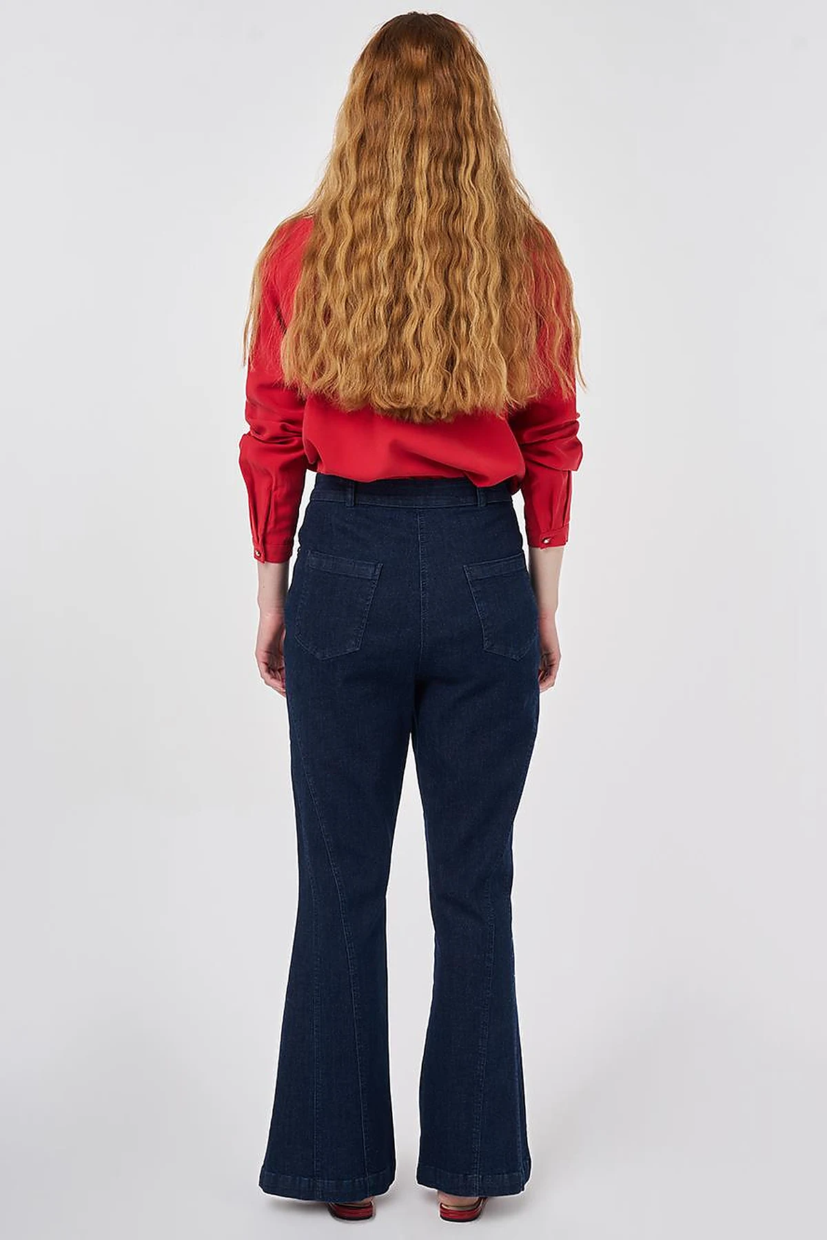 Washed Flared Denim Trousers Navy 