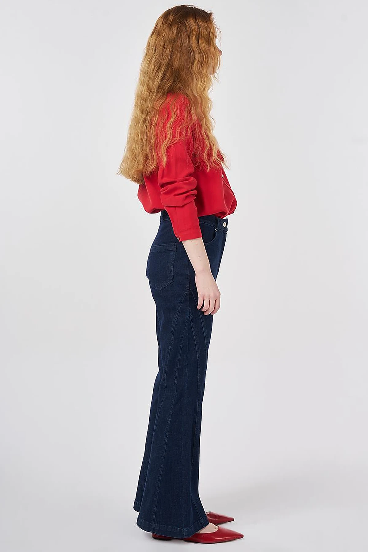 Washed Flared Denim Trousers Navy 
