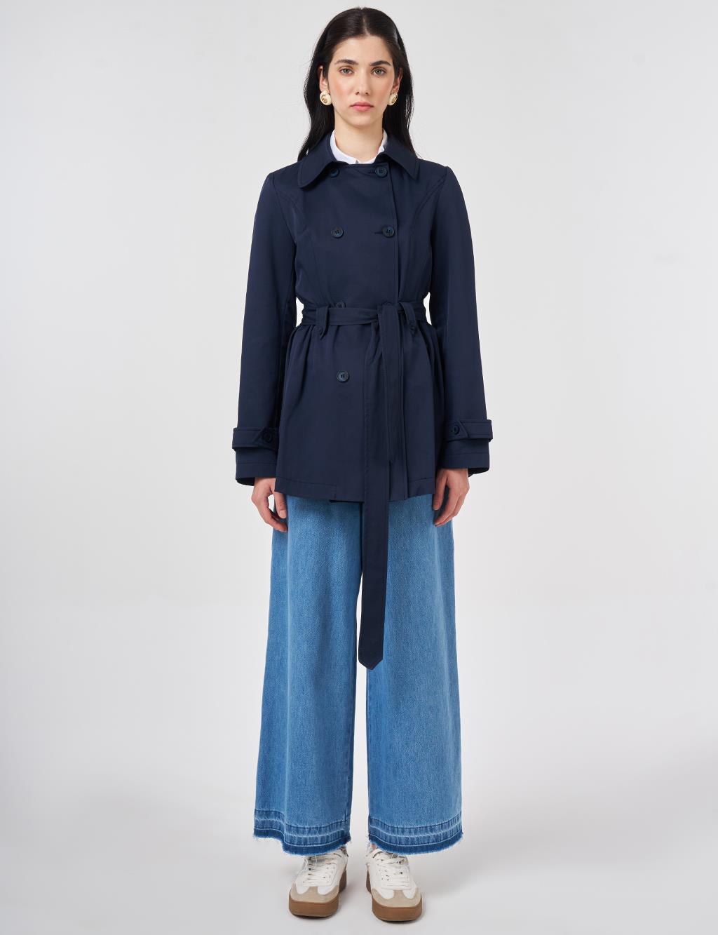 Belted Short Trench Coat, Dark Navy
