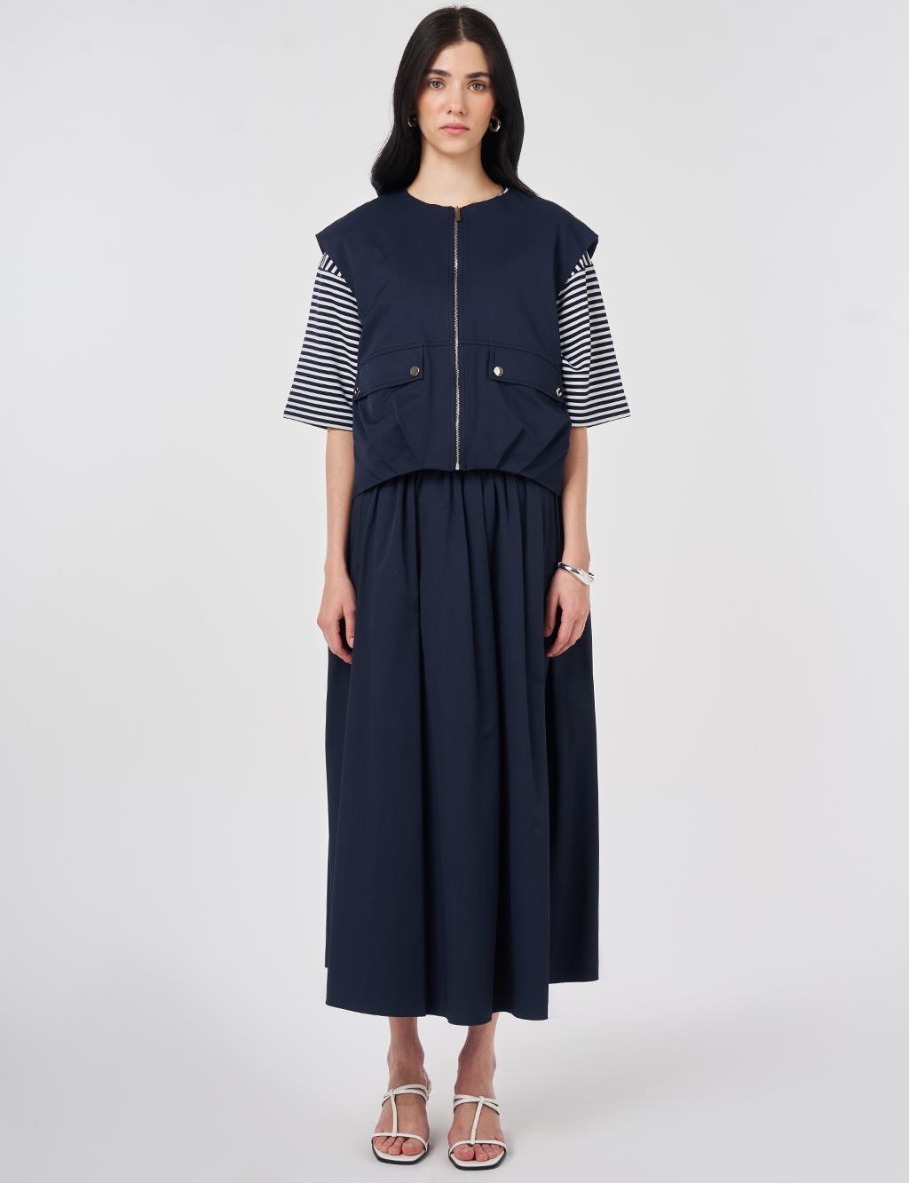 Zipper Closure Short Vest, Dark Navy