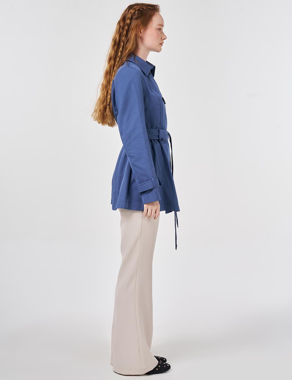 Belted Short Trench Coat, Indigo