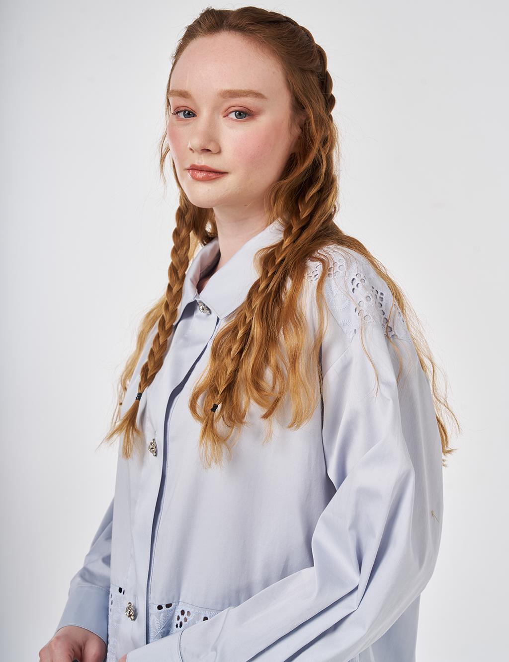 100% Cotton Jacket with Broderie Trim Blue