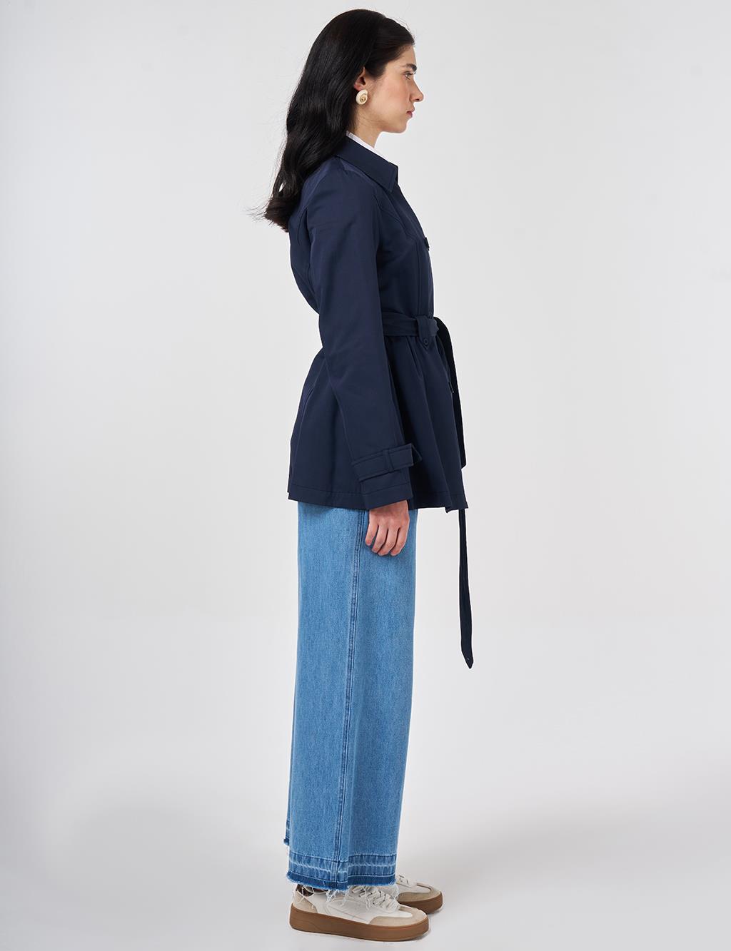 Belted Short Trench Coat, Dark Navy