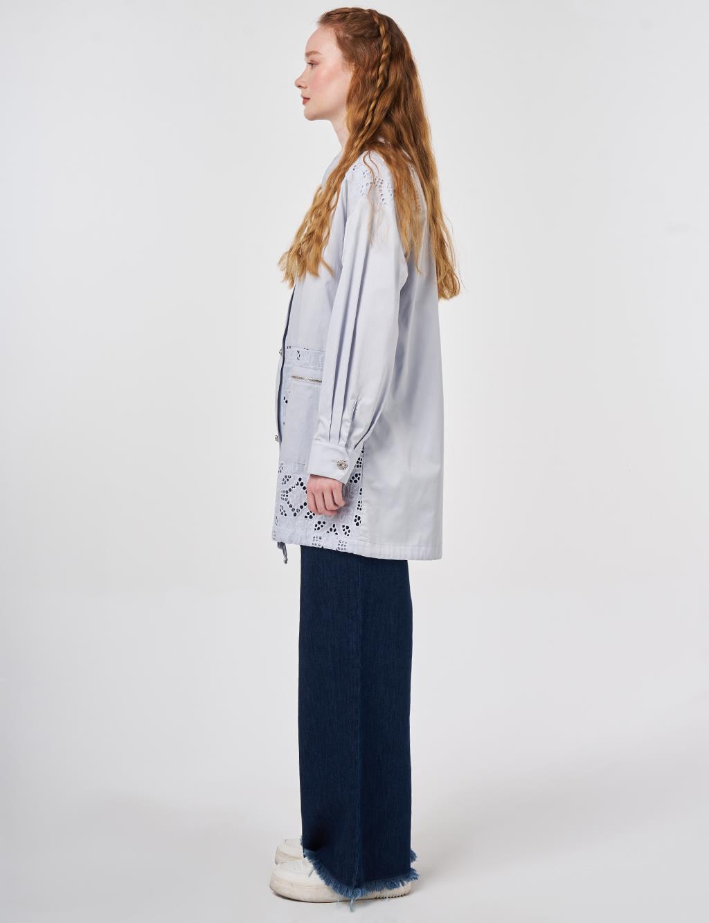 100% Cotton Jacket with Broderie Trim Blue