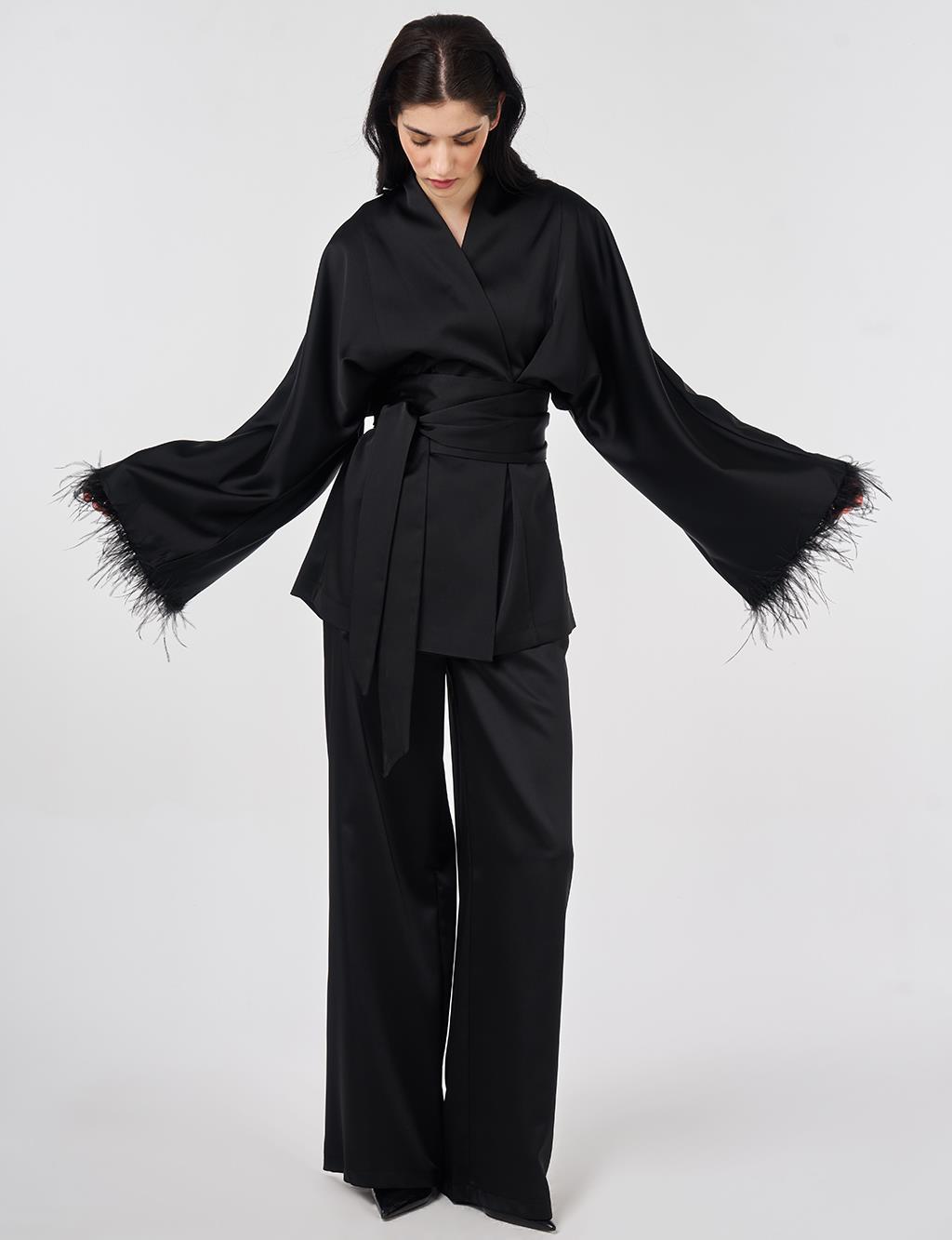 Satin Two-Piece Set with Ostrich Feather Detail, Black