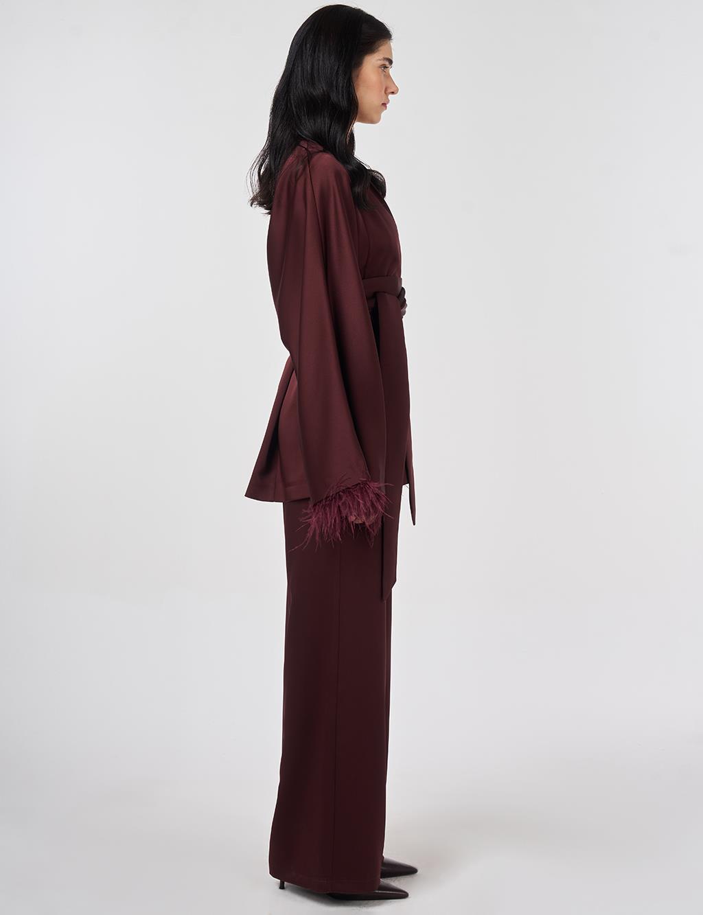 Satin Two-Piece Set with Ostrich Feather Detail, Burgundy