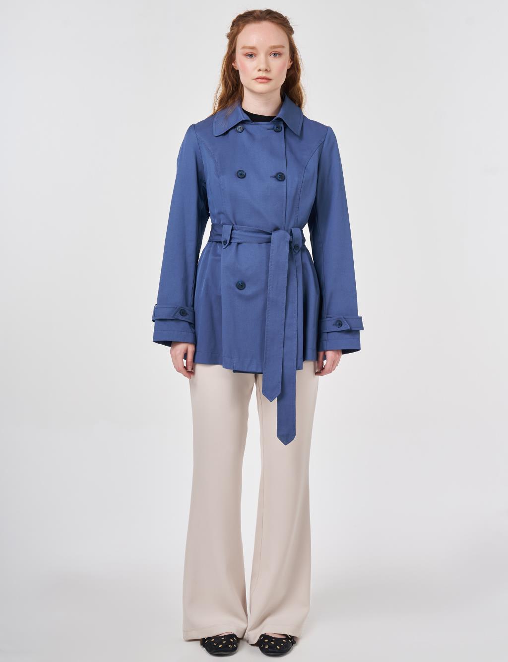 Belted Short Trench Coat, Indigo