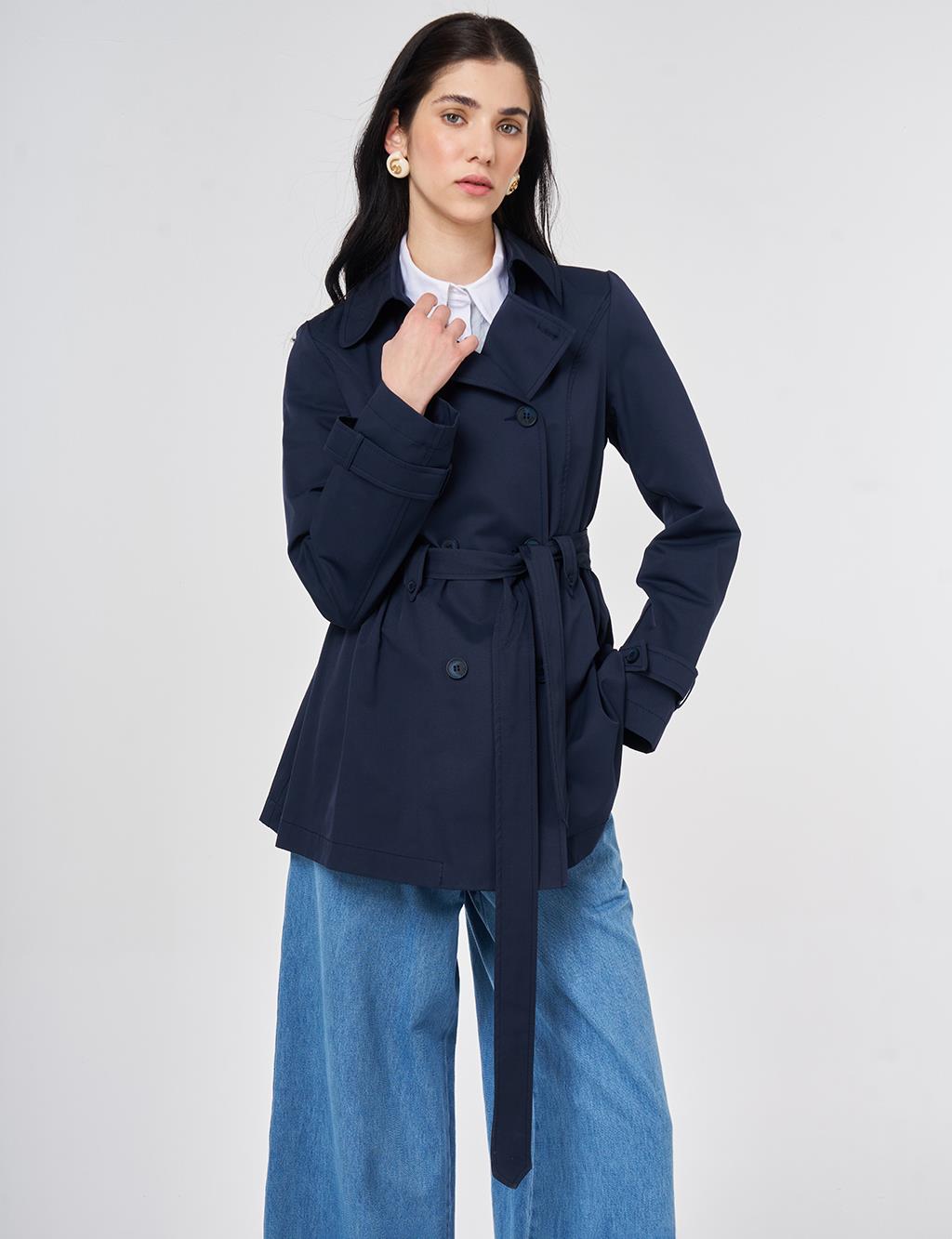 Belted Short Trench Coat, Dark Navy