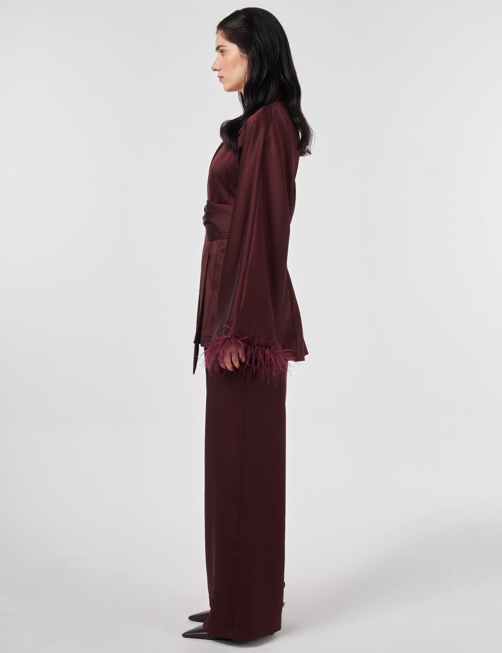 Satin Two-Piece Set with Ostrich Feather Detail, Burgundy