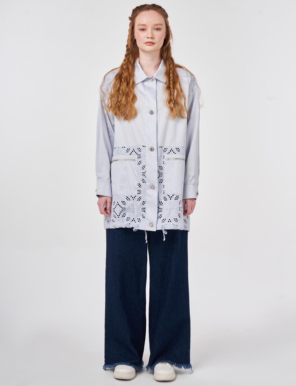 100% Cotton Jacket with Broderie Trim Blue