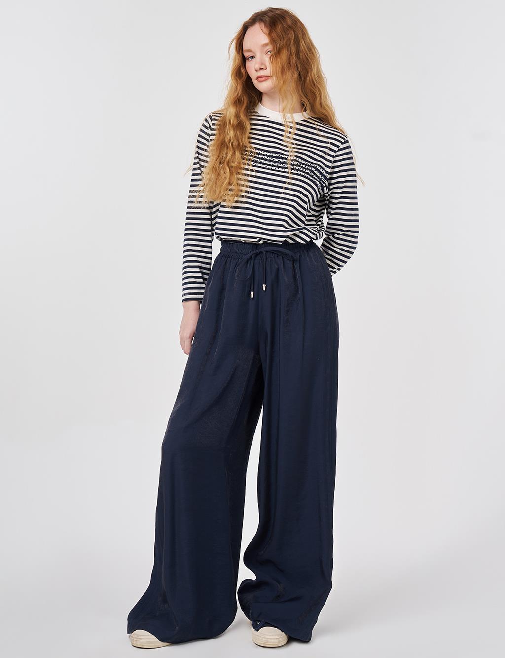 Rib-Stitched Relaxed-Fit Modal Trousers Dark Navy