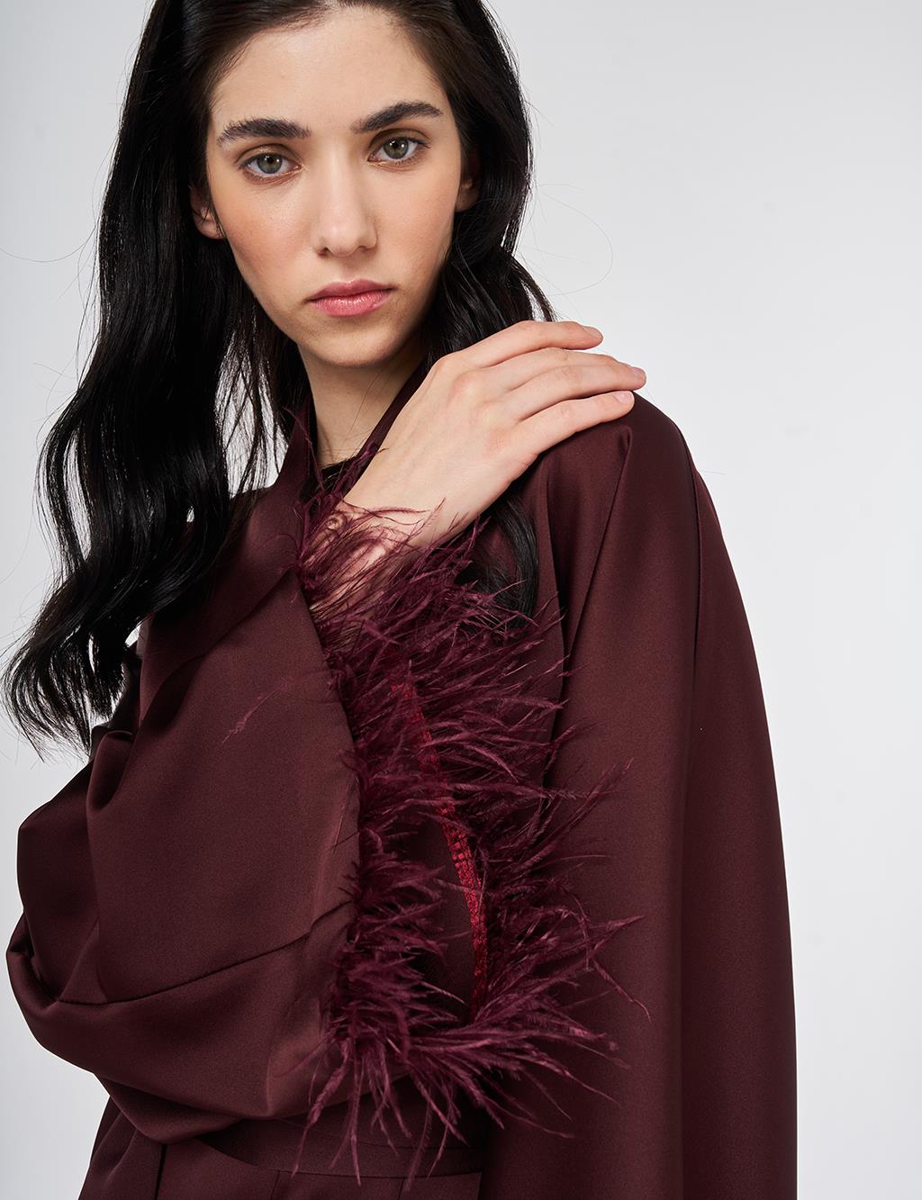 Satin Two-Piece Set with Ostrich Feather Detail, Burgundy