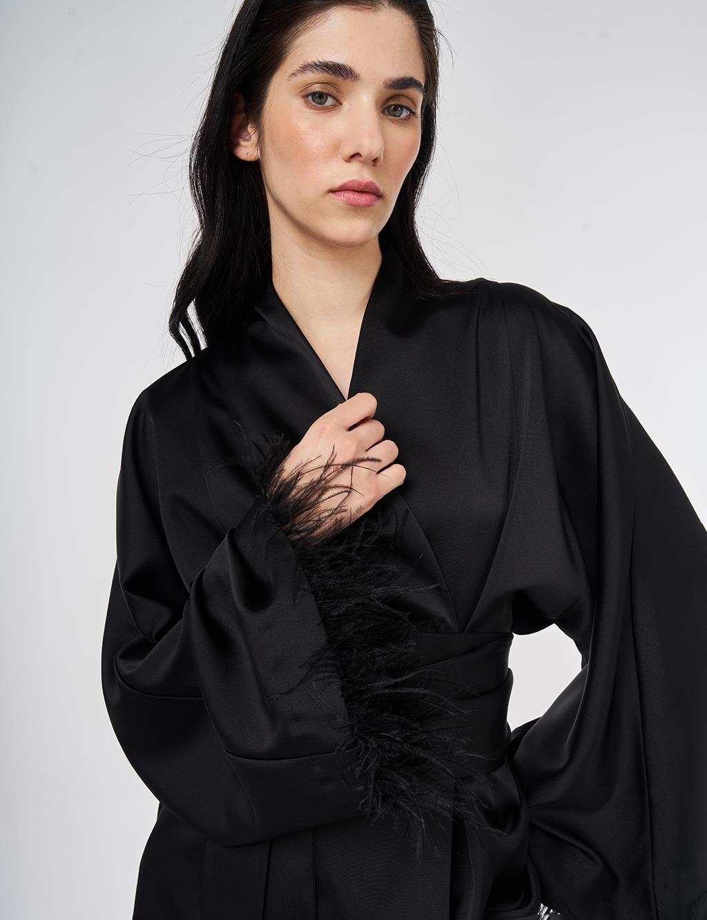 Satin Two-Piece Set with Ostrich Feather Detail, Black