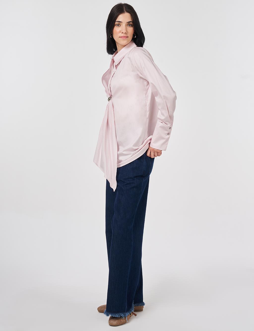 %100 Pamuklu Metal Aksesuarlı Tunik Pudra