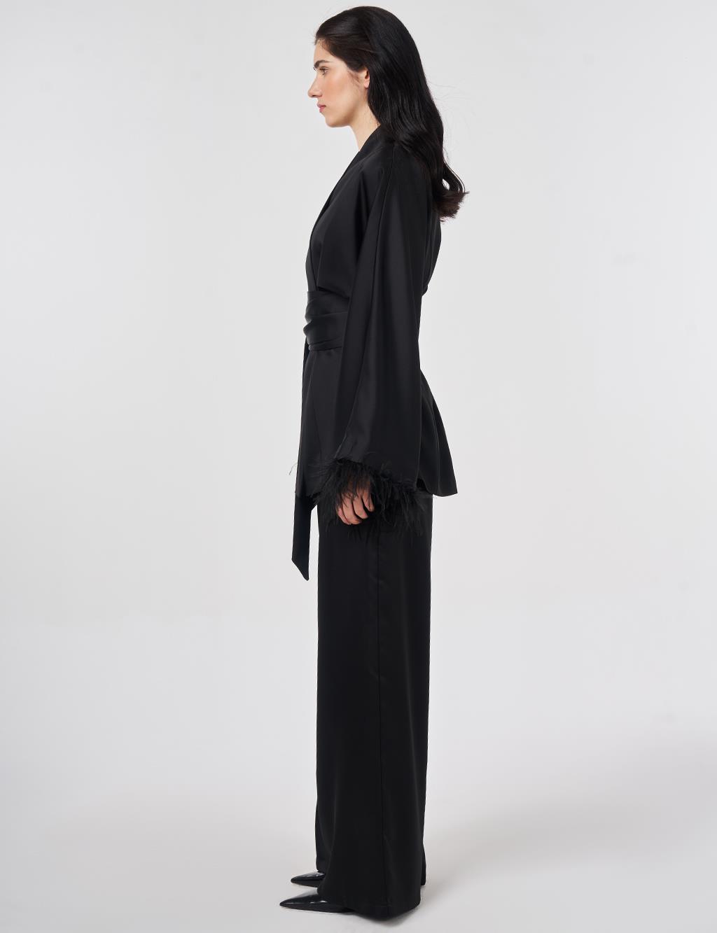 Satin Two-Piece Set with Ostrich Feather Detail, Black