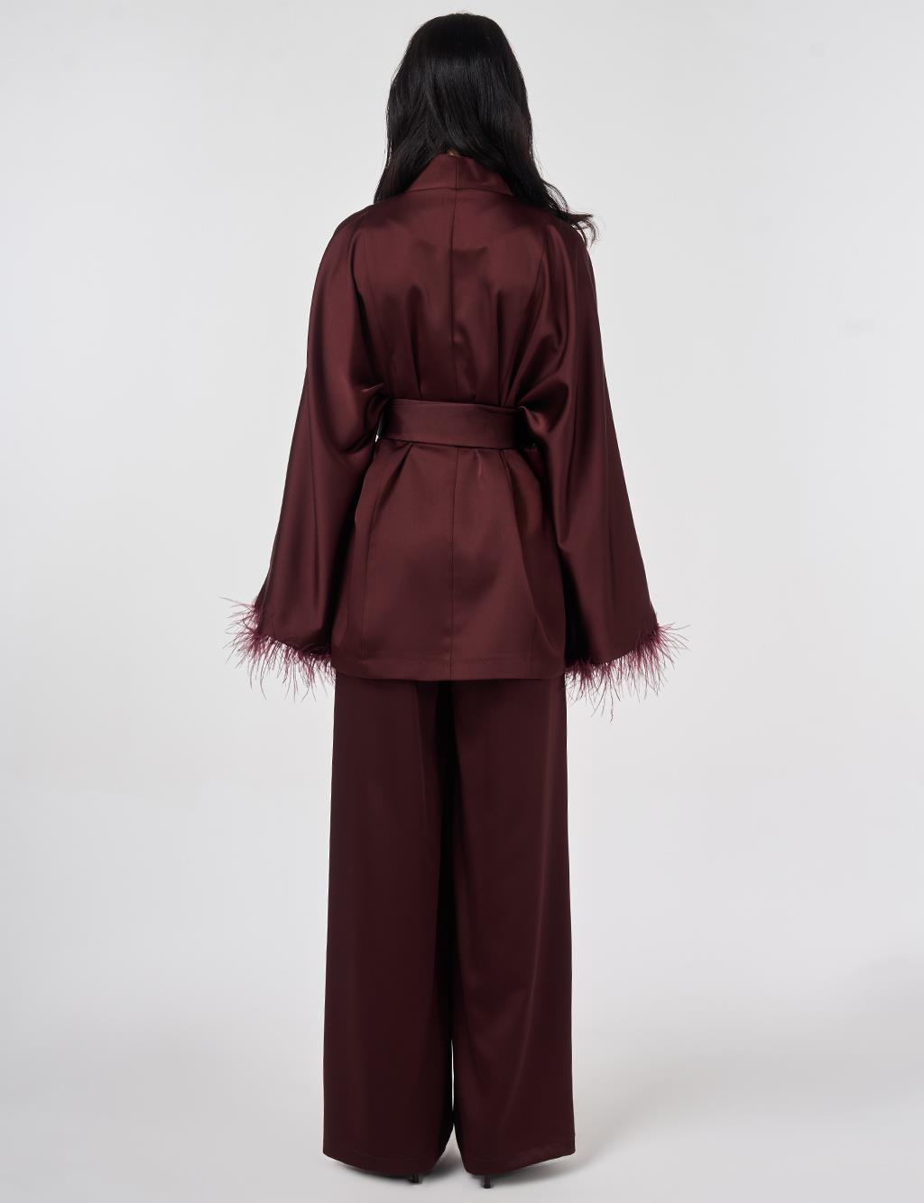 Satin Two-Piece Set with Ostrich Feather Detail, Burgundy