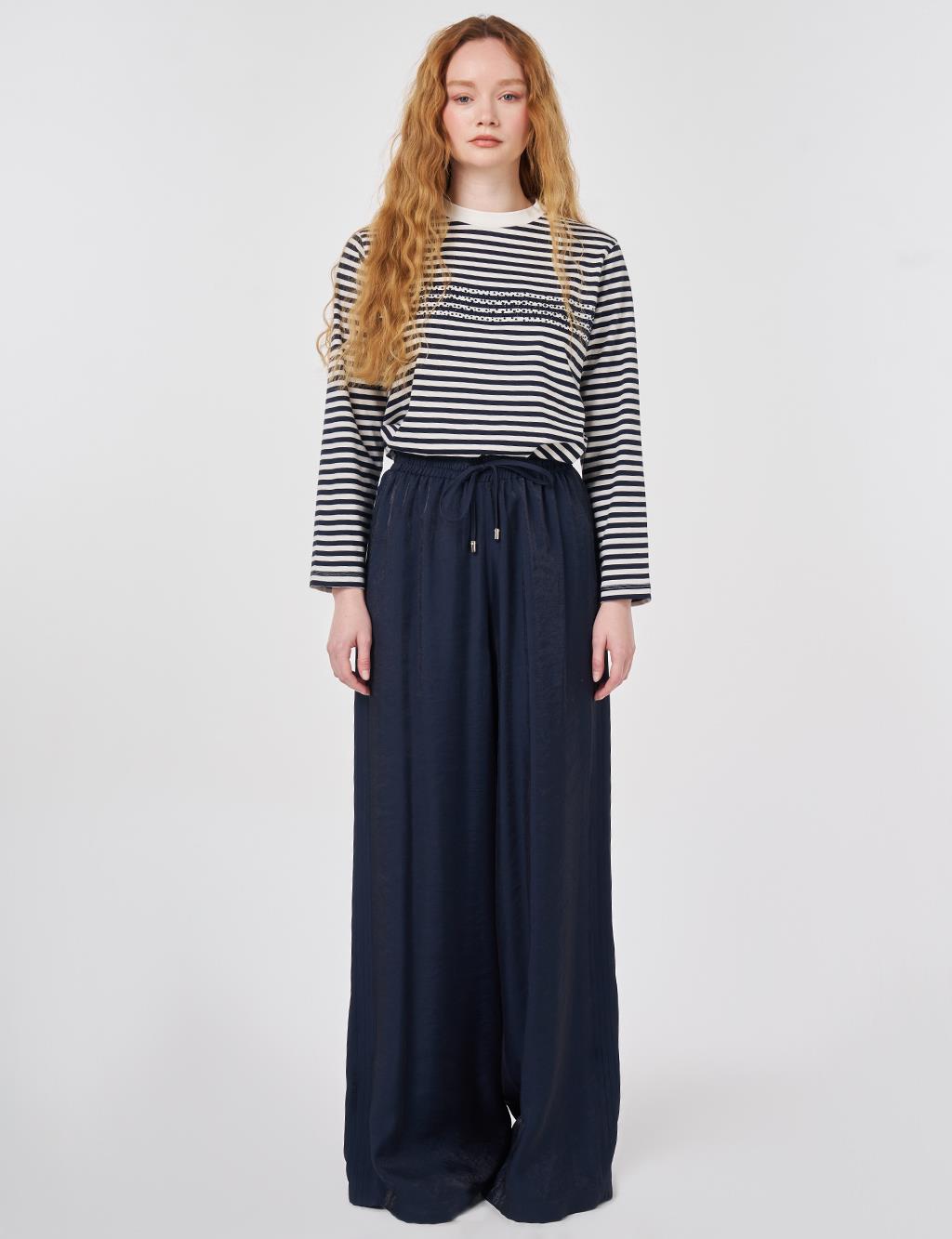Rib-Stitched Relaxed-Fit Modal Trousers Dark Navy