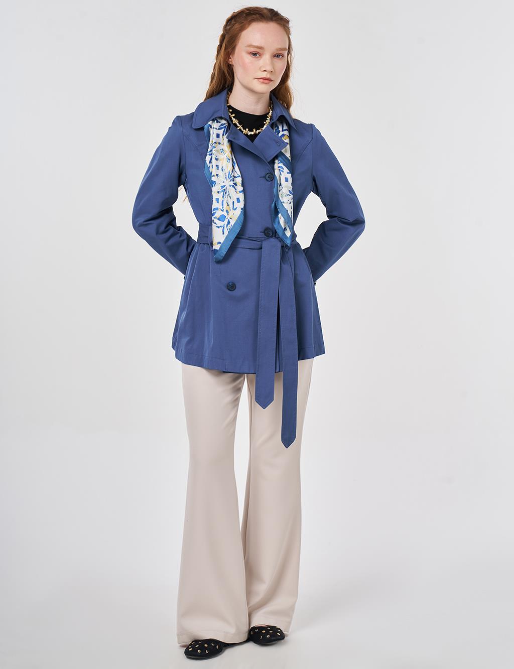 Belted Short Trench Coat, Indigo