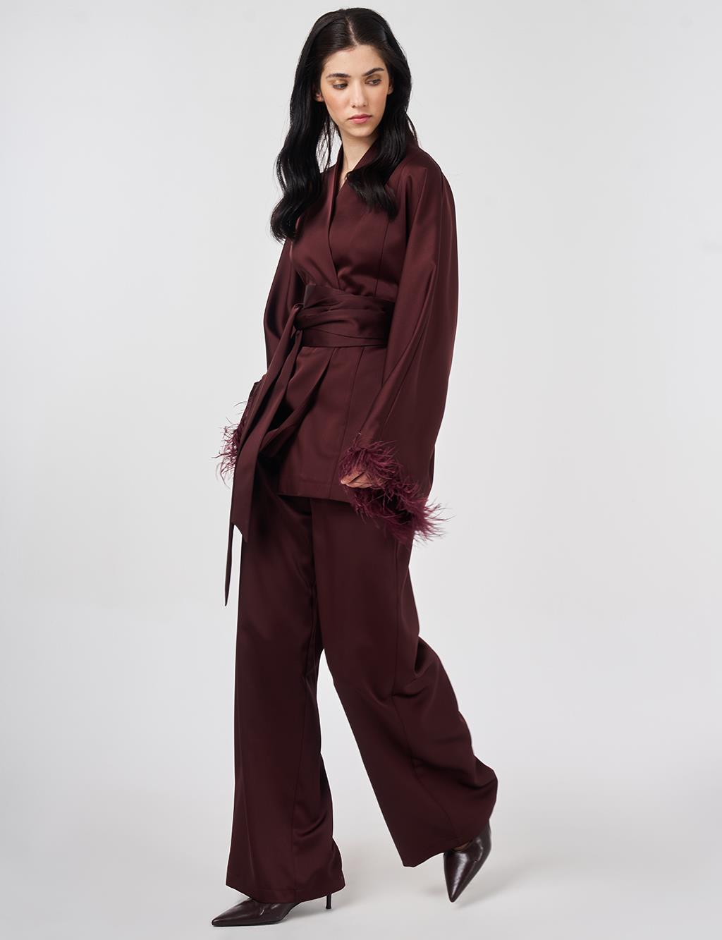 Satin Two-Piece Set with Ostrich Feather Detail, Burgundy