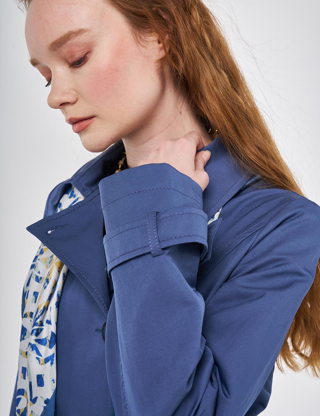 Belted Short Trench Coat, Indigo