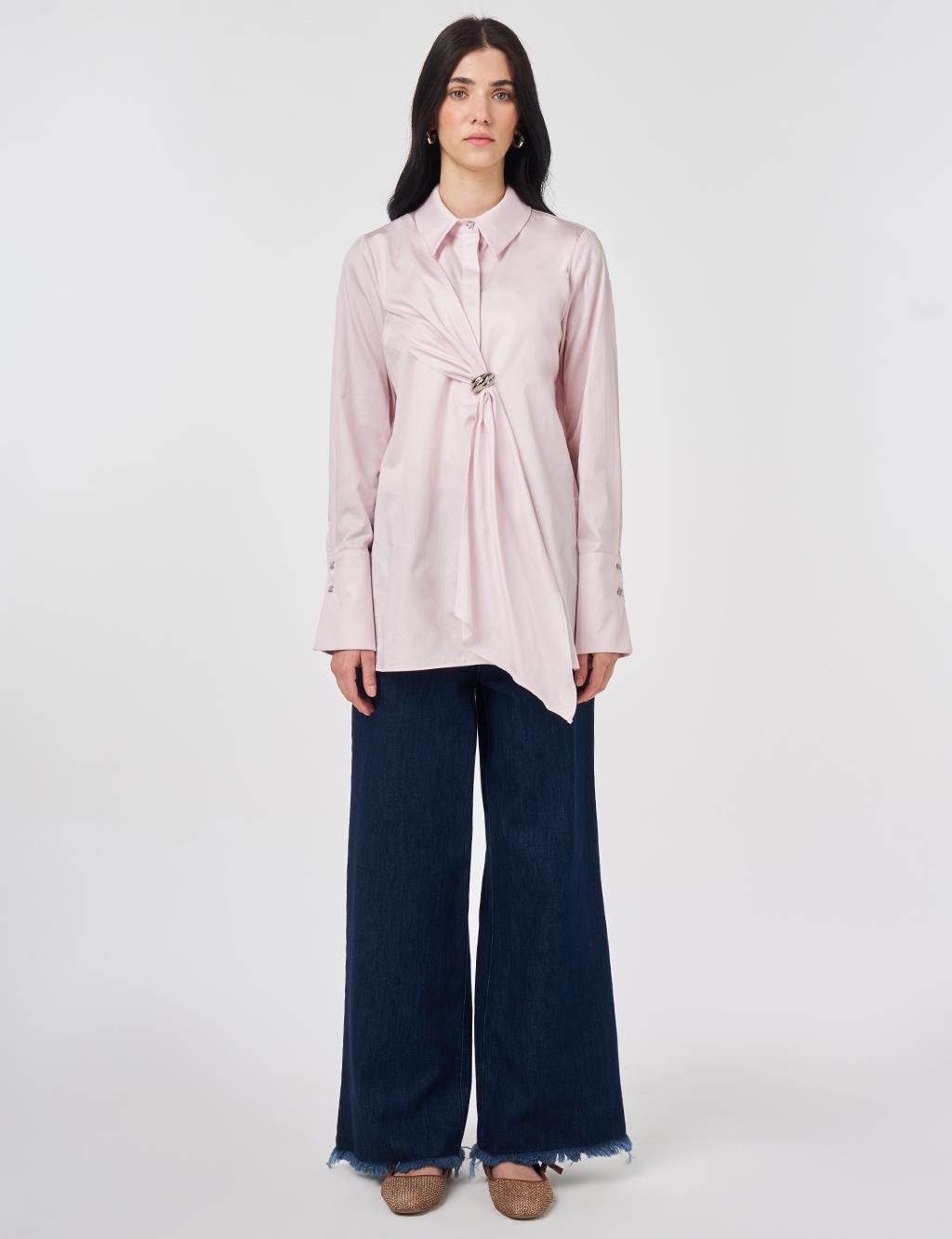 %100 Pamuklu Metal Aksesuarlı Tunik Pudra