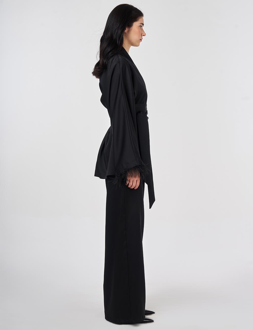 Satin Two-Piece Set with Ostrich Feather Detail, Black