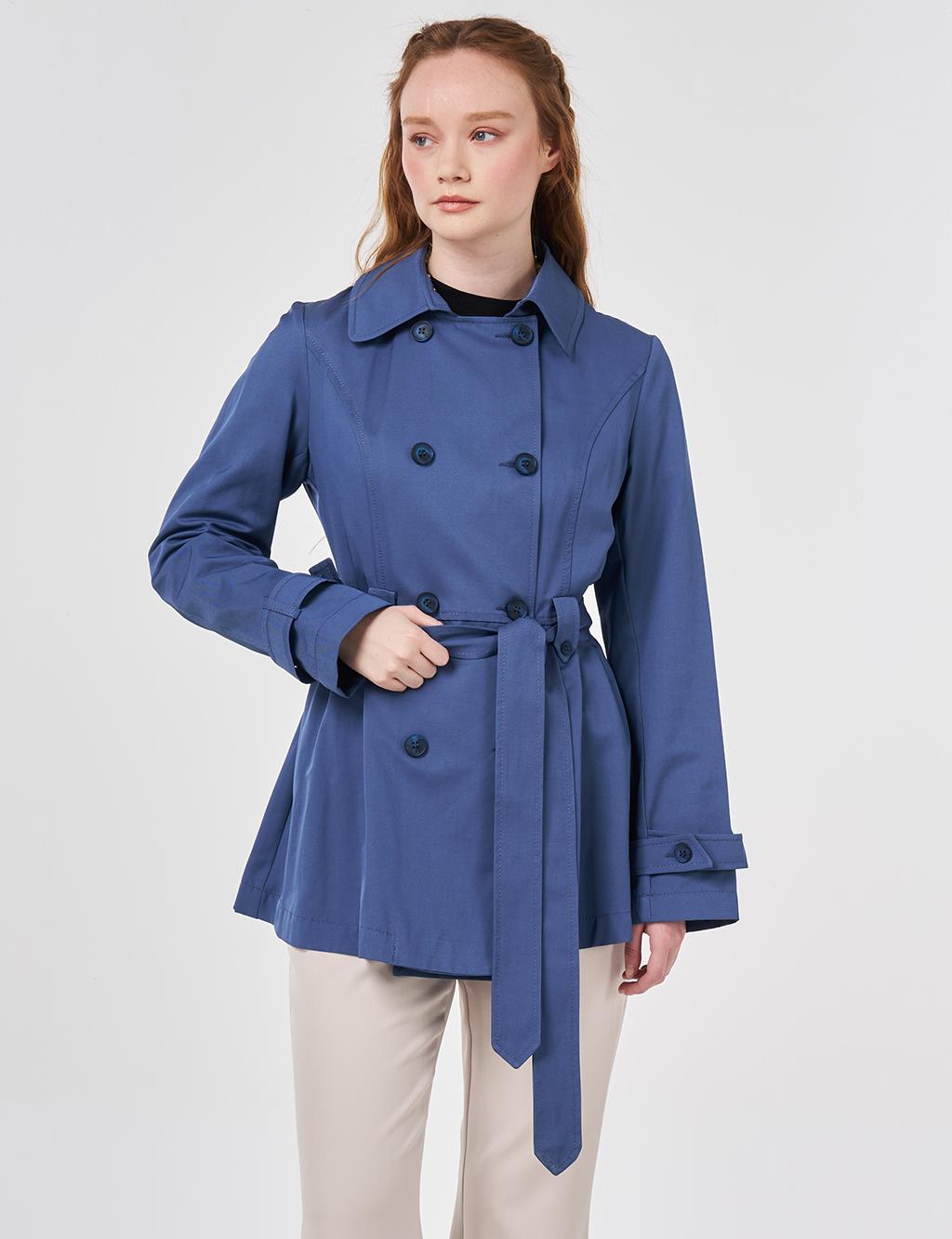 Belted Short Trench Coat, Indigo