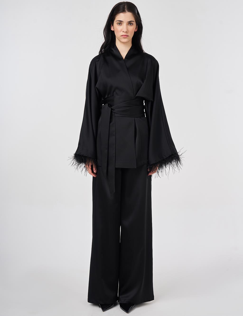 Satin Two-Piece Set with Ostrich Feather Detail, Black