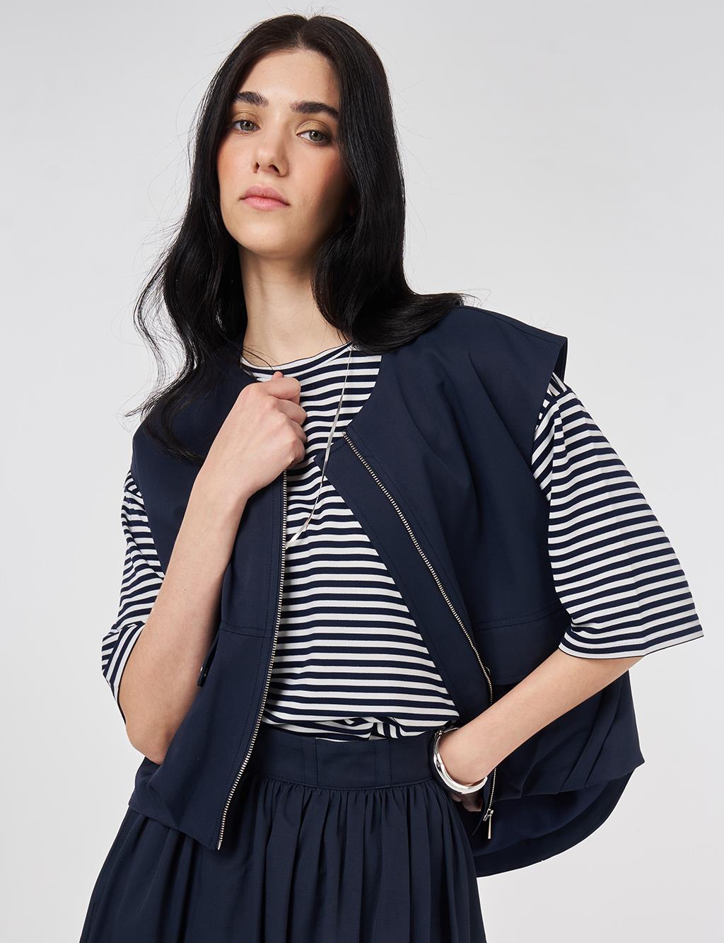 Zipper Closure Short Vest, Dark Navy