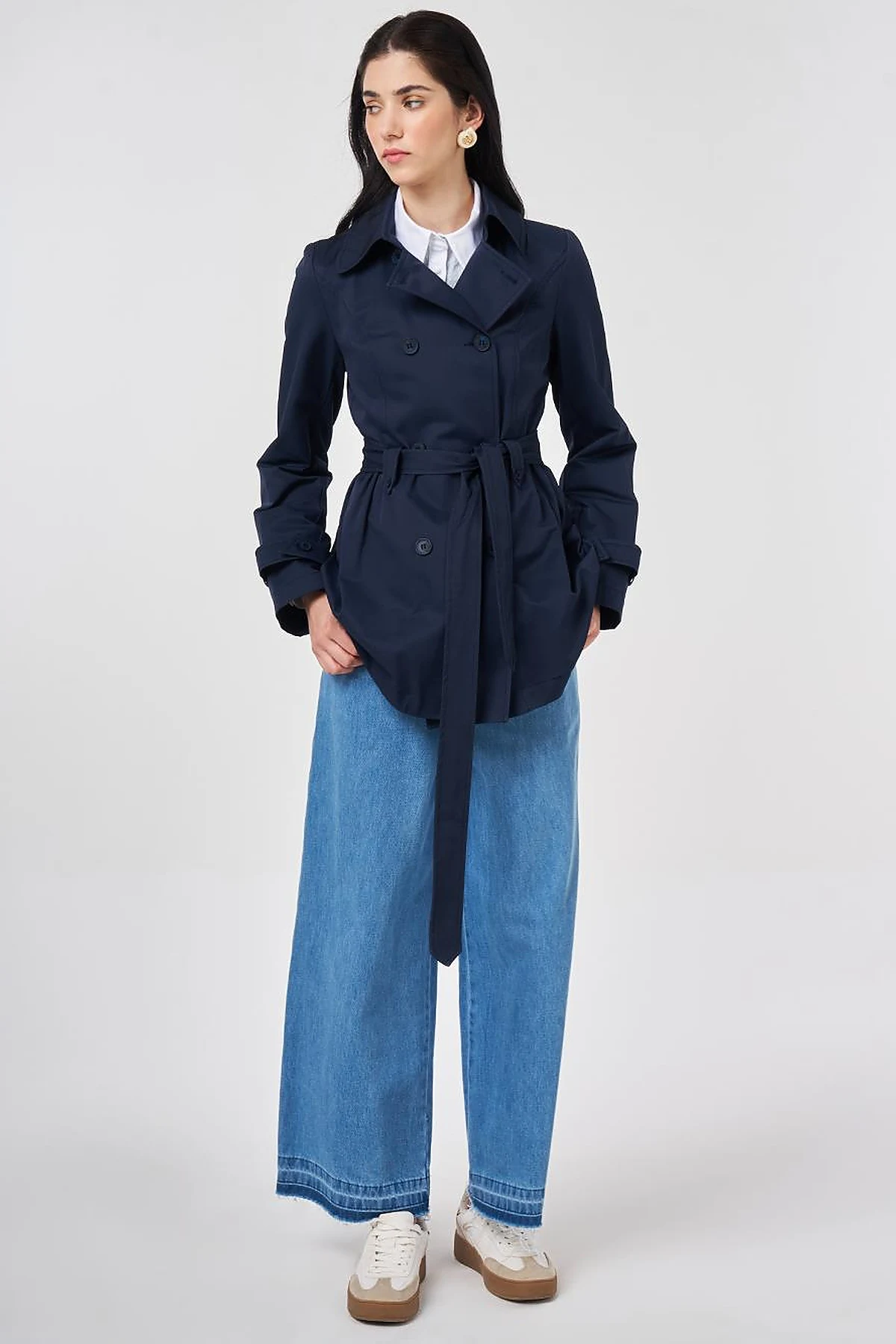 Belted Short Trench Coat, Dark Navy