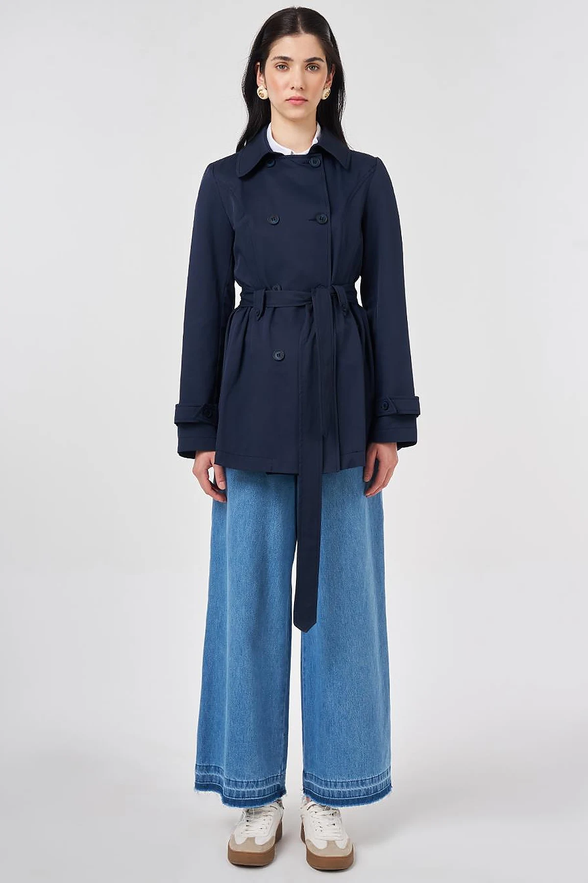 Belted Short Trench Coat, Dark Navy