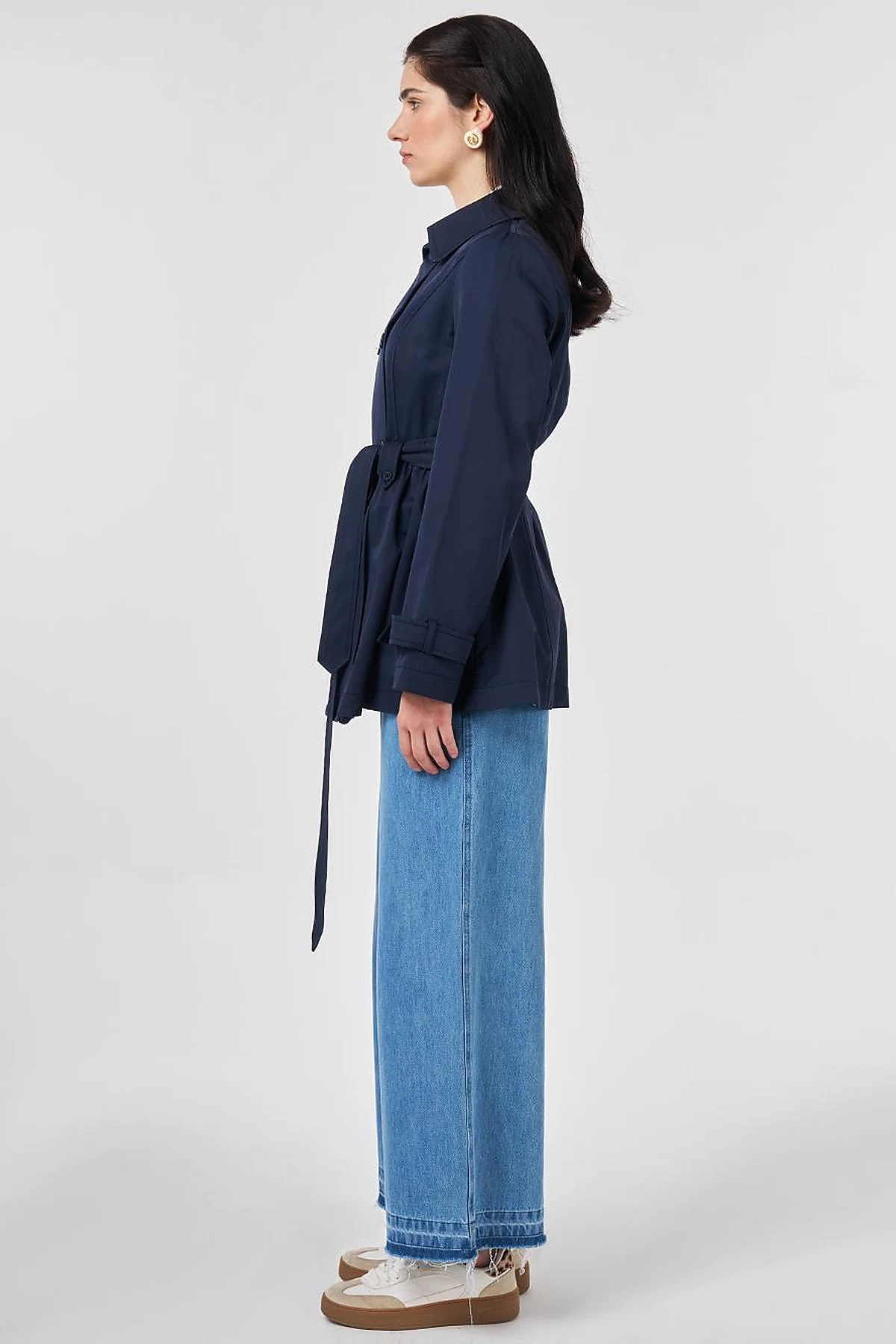 Belted Short Trench Coat, Dark Navy