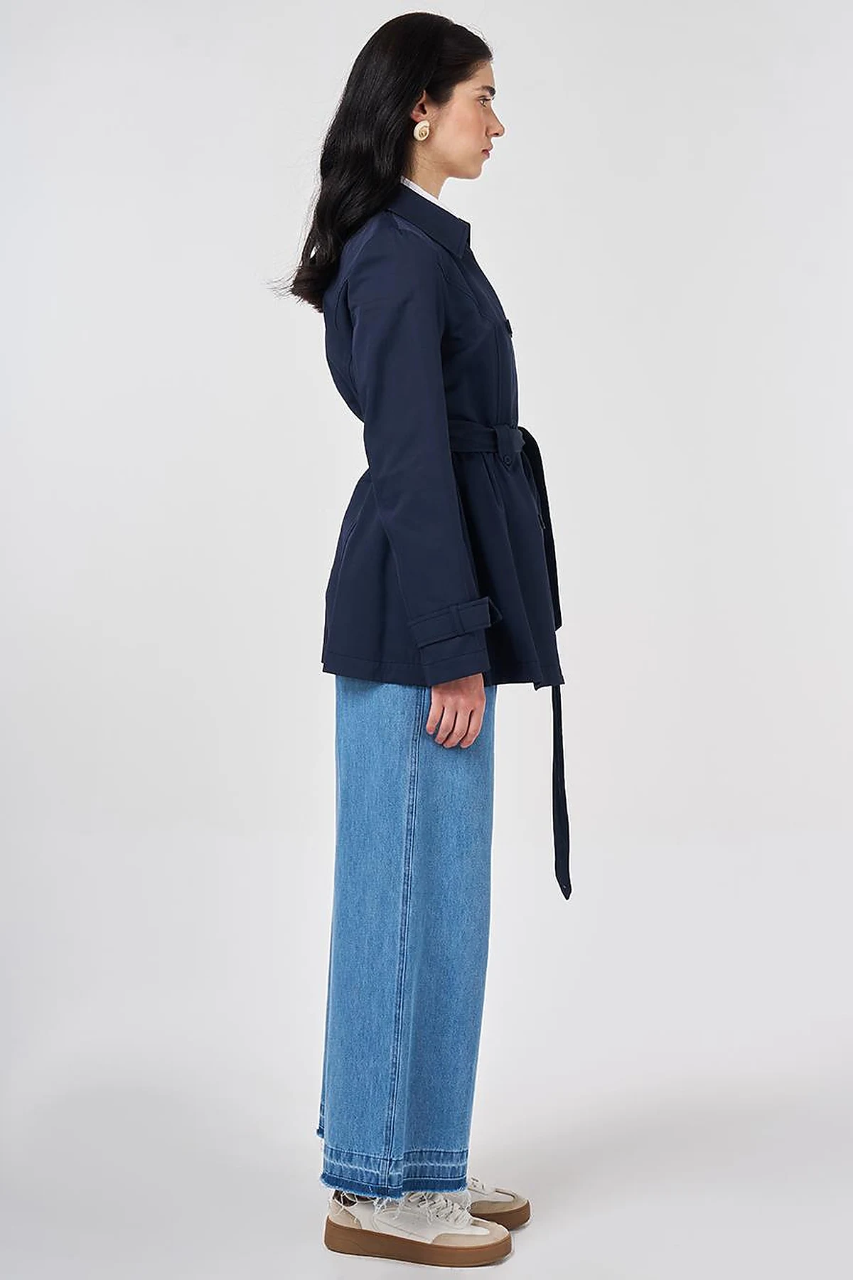 Belted Short Trench Coat, Dark Navy