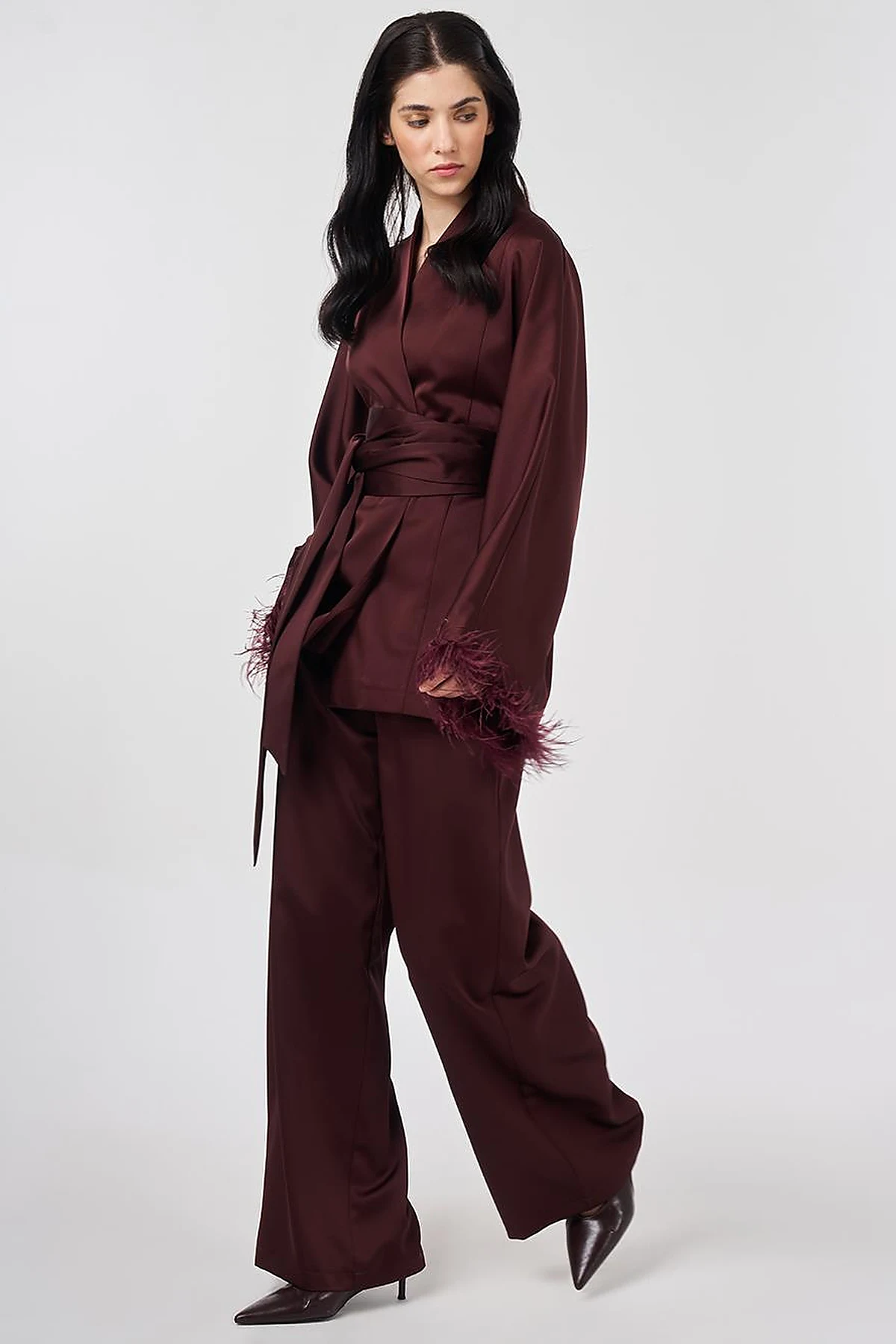 Satin Two-Piece Set with Ostrich Feather Detail, Burgundy