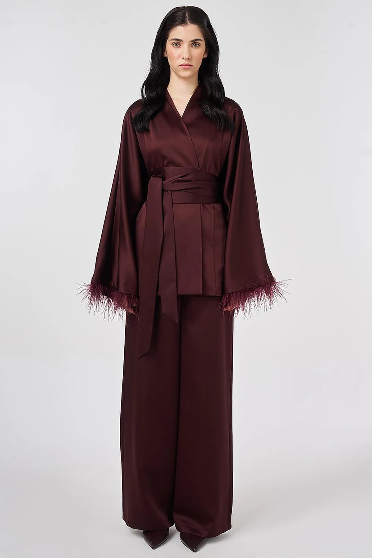 Satin Two-Piece Set with Ostrich Feather Detail, Burgundy