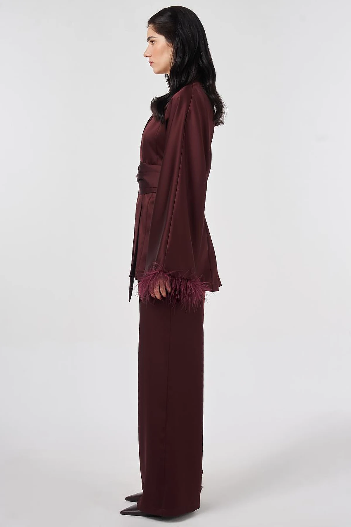 Satin Two-Piece Set with Ostrich Feather Detail, Burgundy
