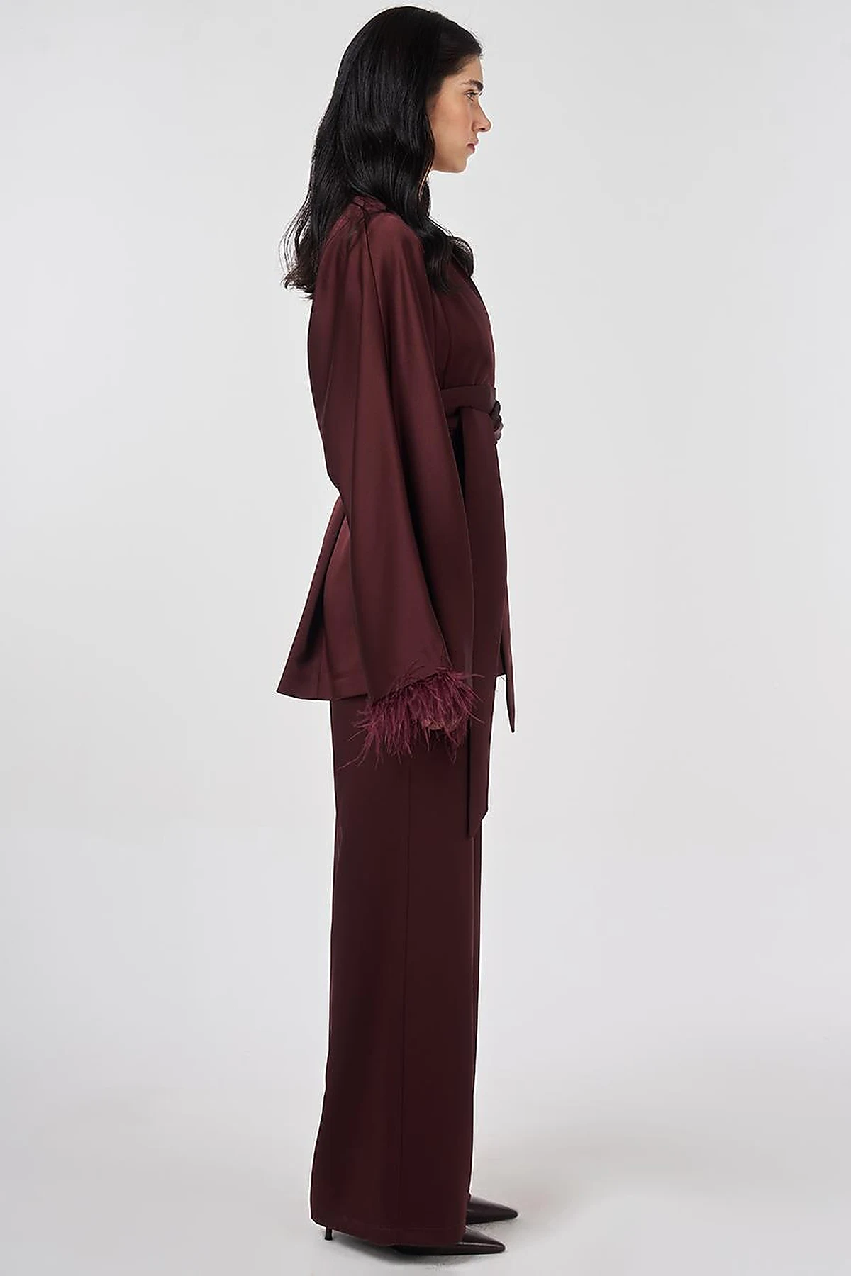 Satin Two-Piece Set with Ostrich Feather Detail, Burgundy