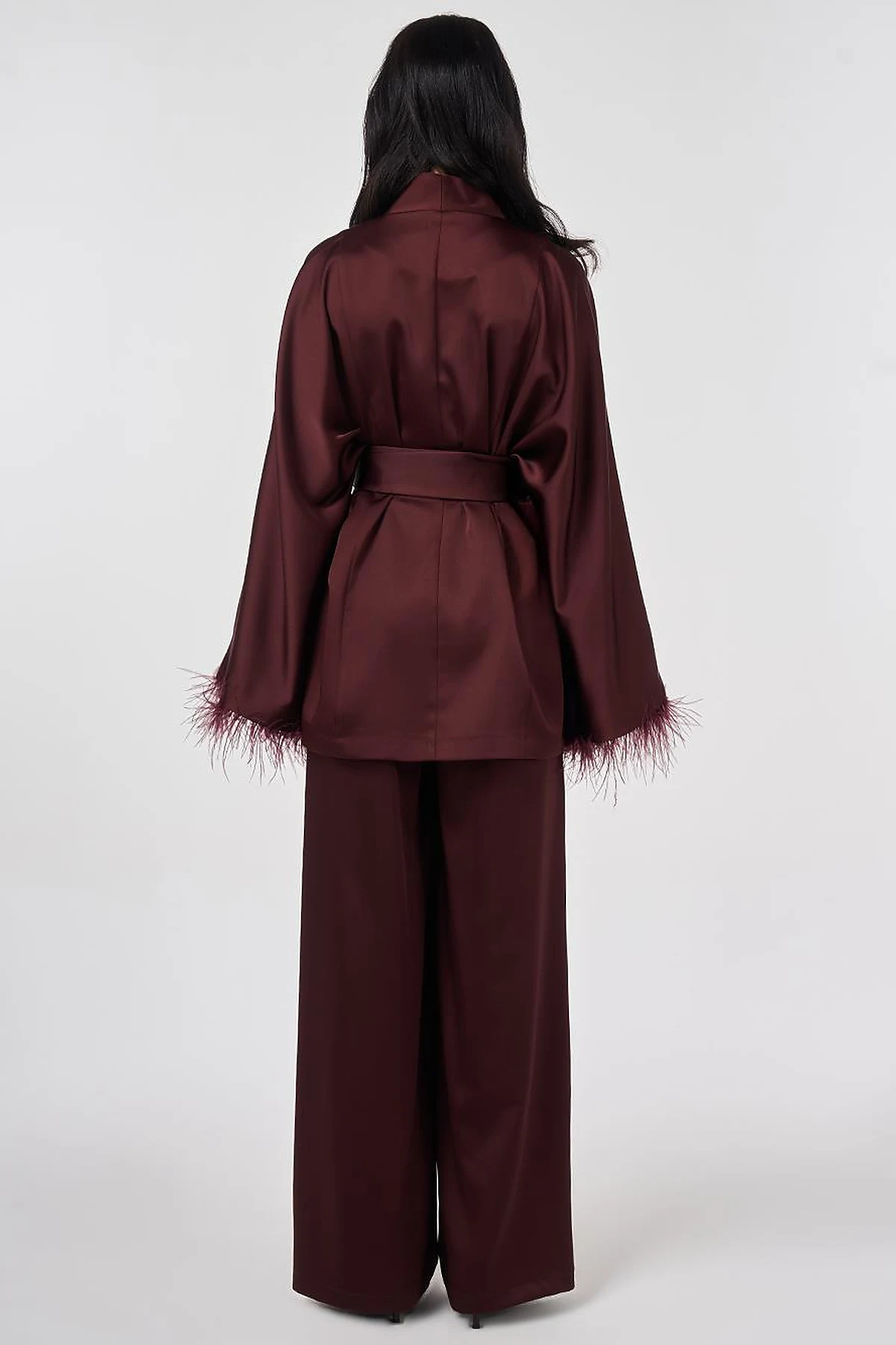 Satin Two-Piece Set with Ostrich Feather Detail, Burgundy