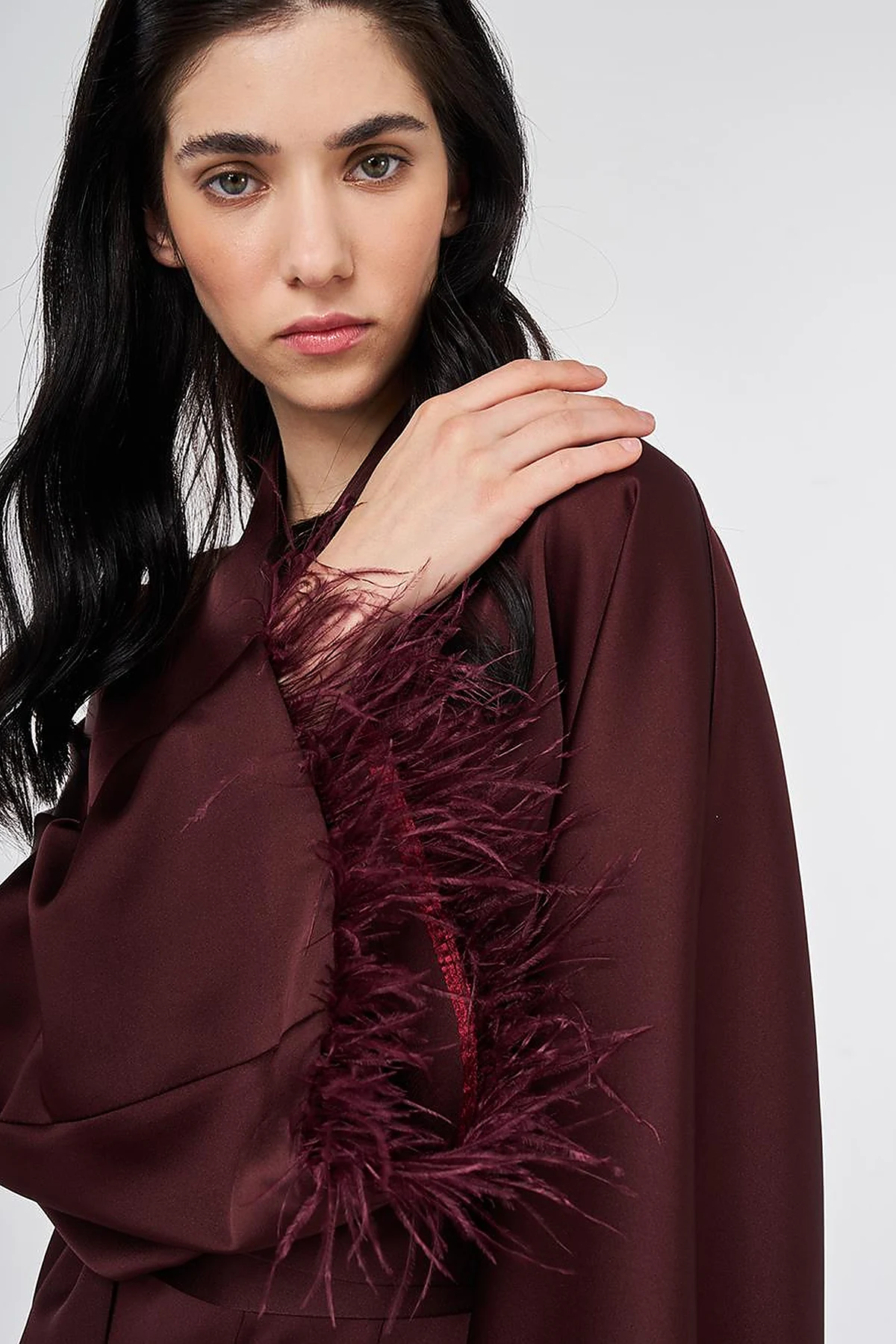 Satin Two-Piece Set with Ostrich Feather Detail, Burgundy