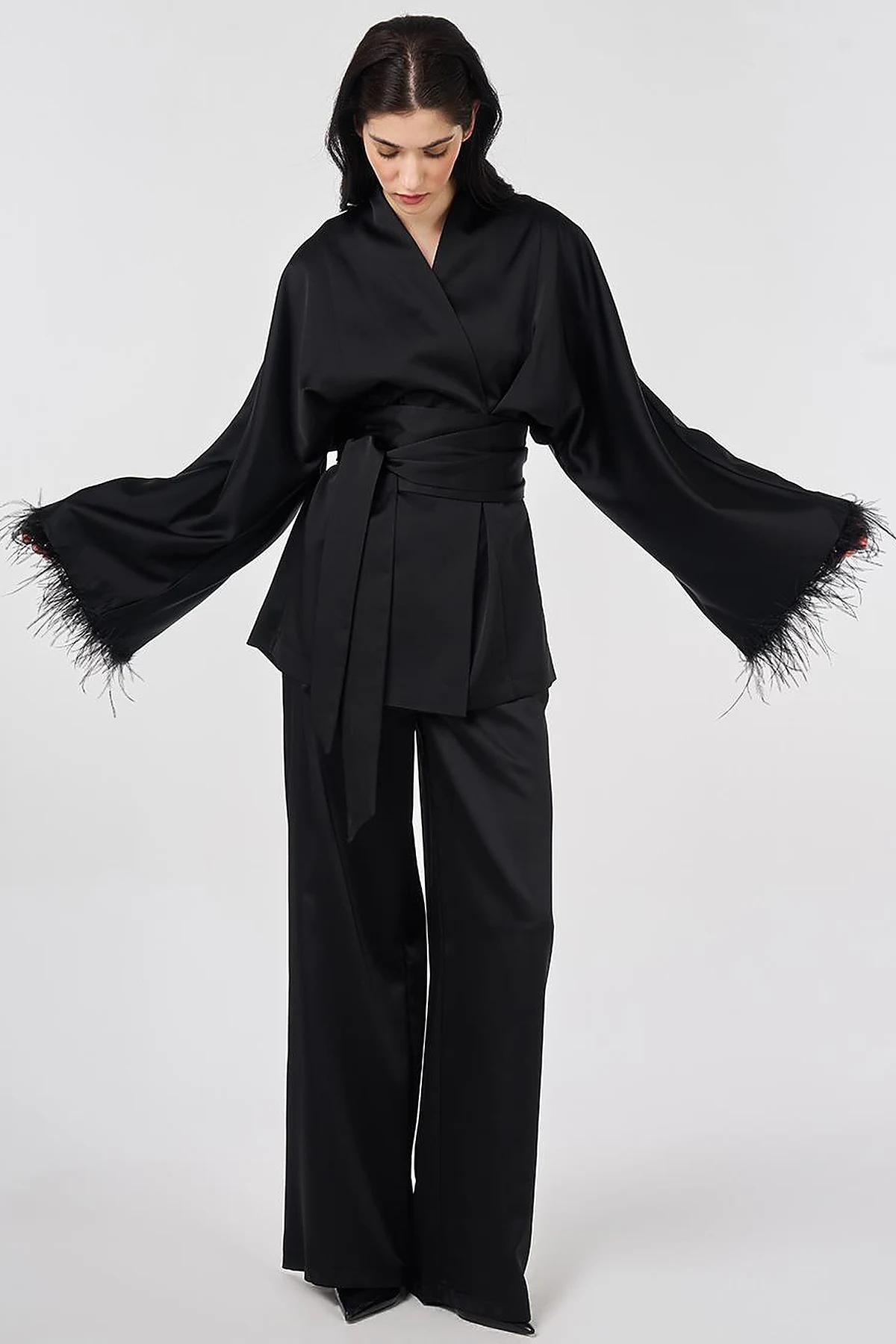 Satin Two-Piece Set with Ostrich Feather Detail, Black