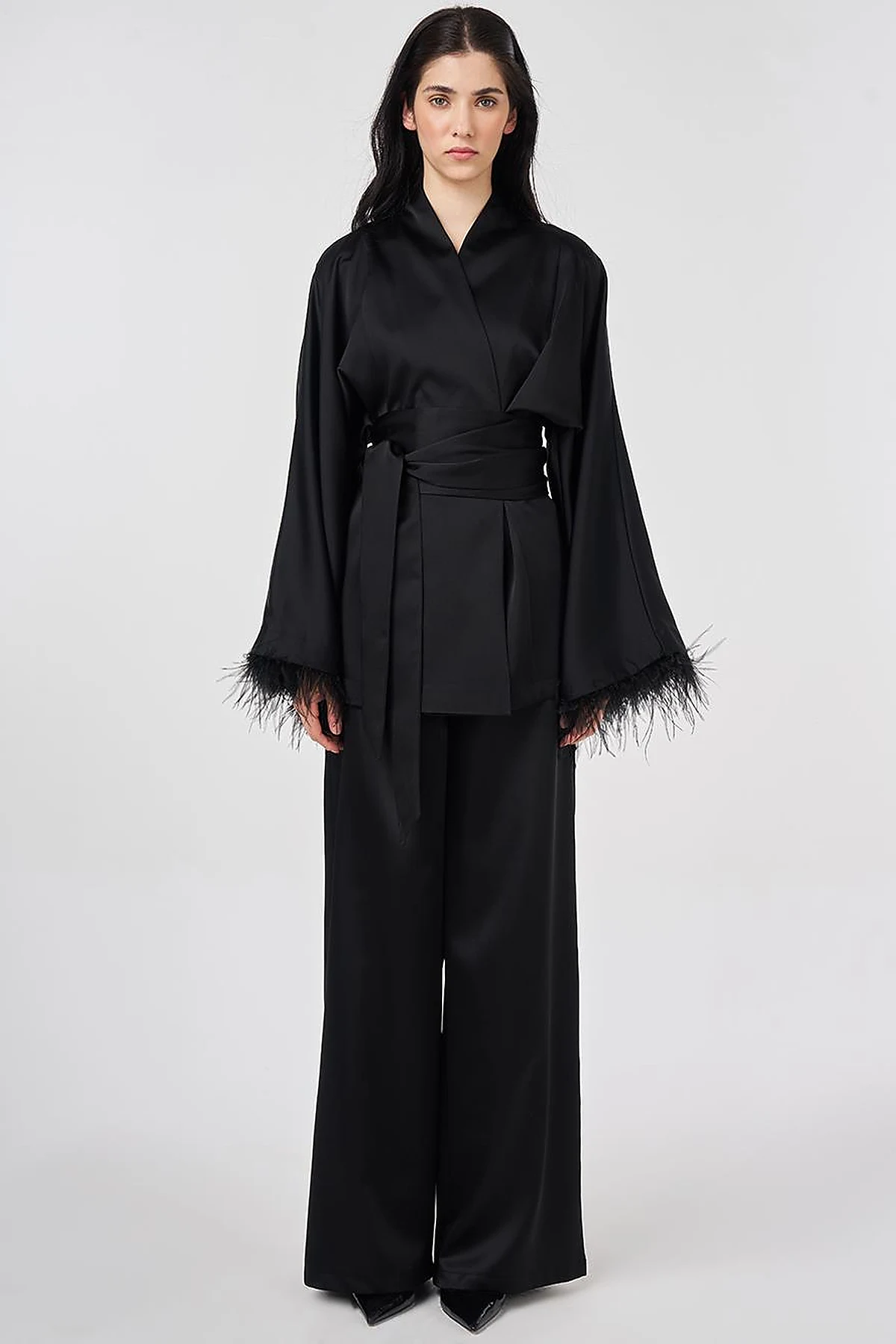 Satin Two-Piece Set with Ostrich Feather Detail, Black