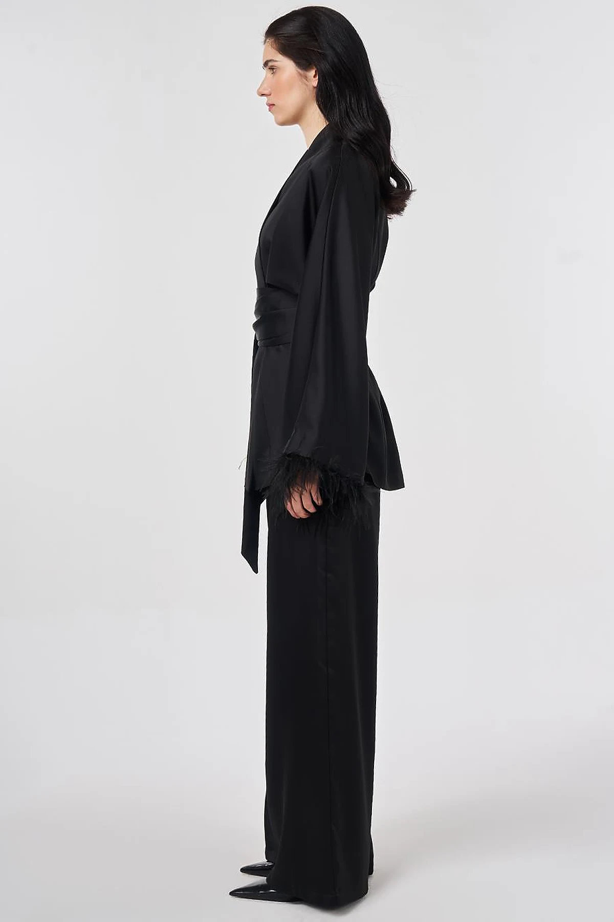 Satin Two-Piece Set with Ostrich Feather Detail, Black