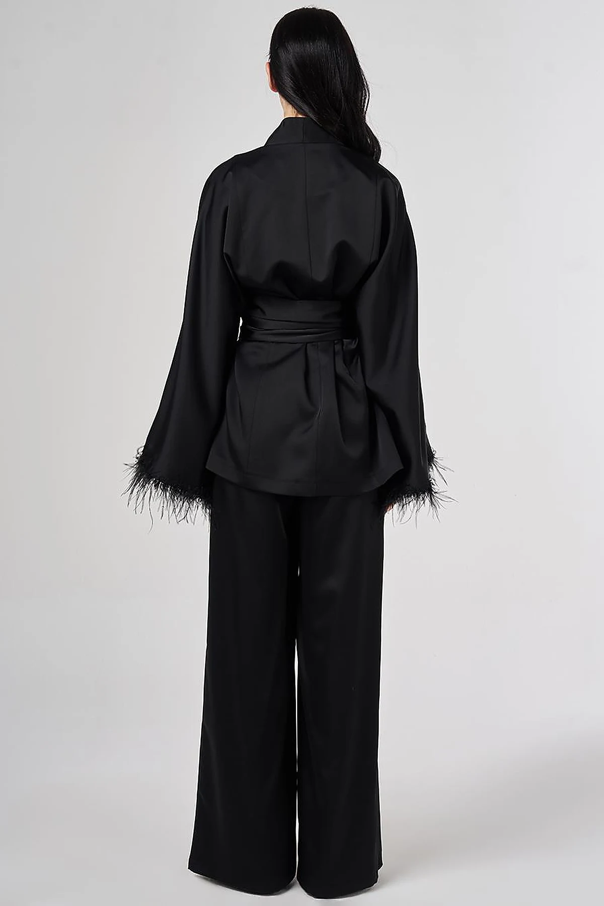 Satin Two-Piece Set with Ostrich Feather Detail, Black
