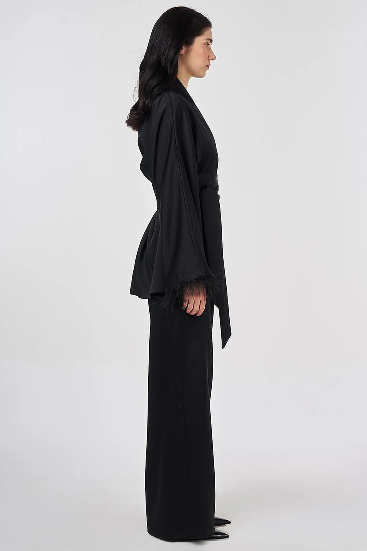 Satin Two-Piece Set with Ostrich Feather Detail, Black