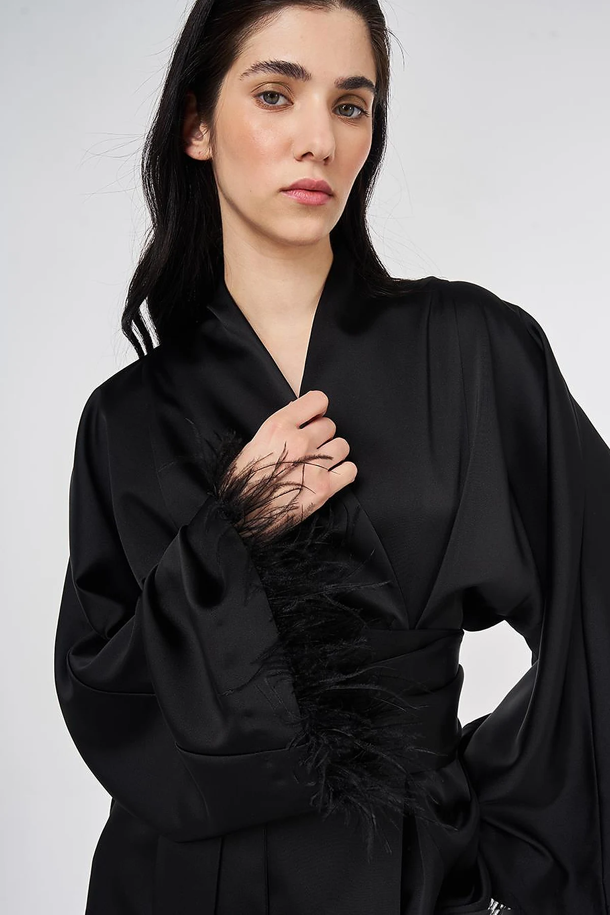 Satin Two-Piece Set with Ostrich Feather Detail, Black