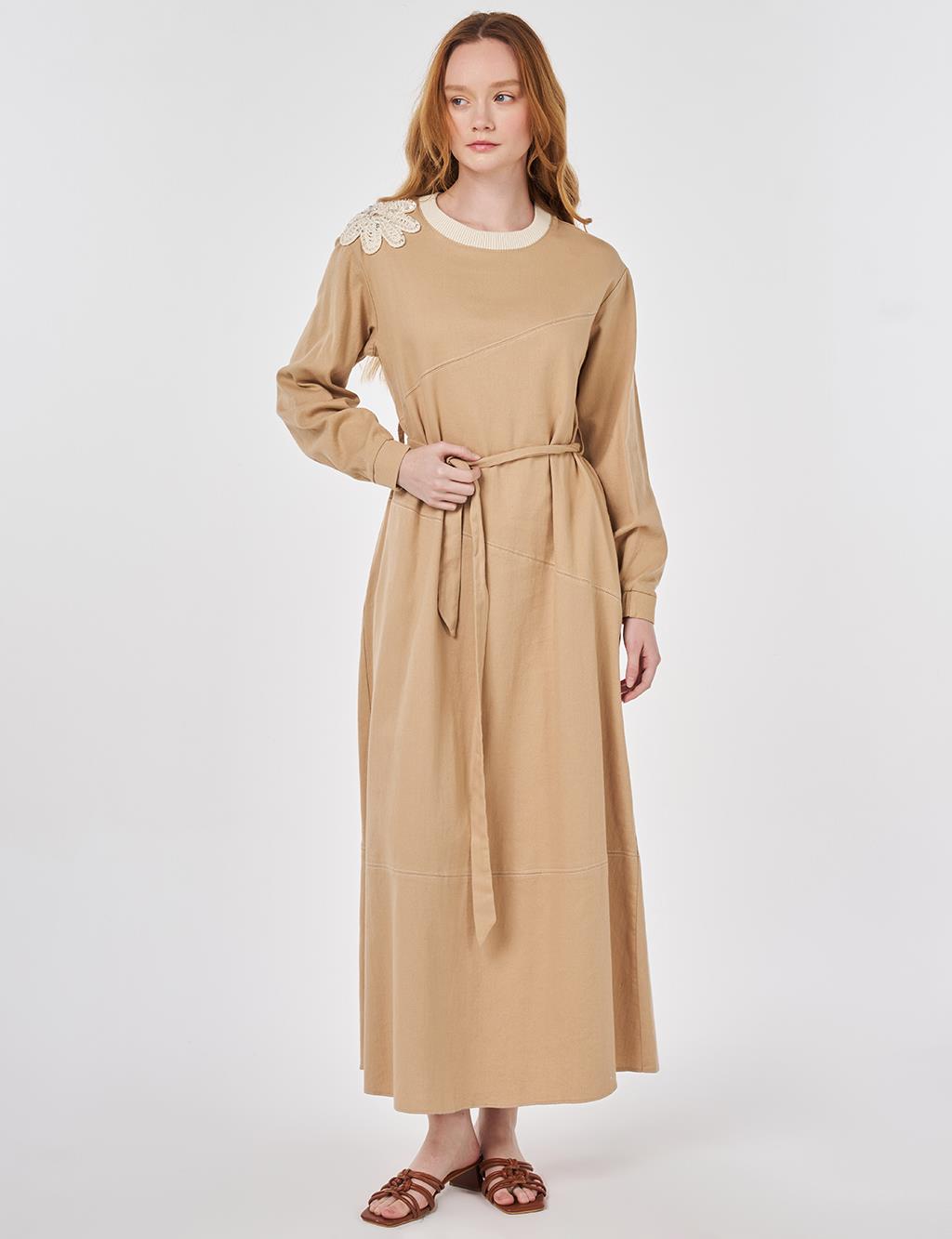 100% Cotton Piece Stitched Dress Beige