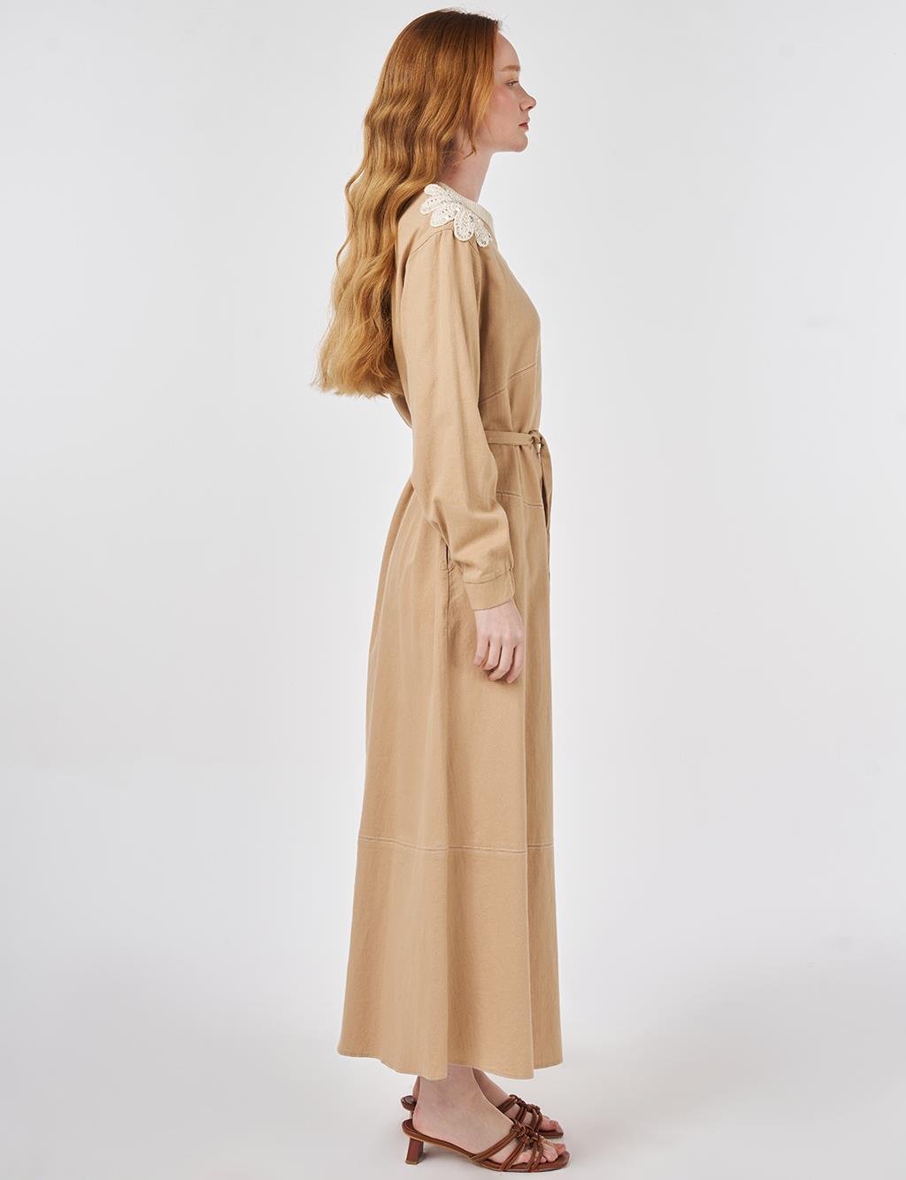 100% Cotton Piece Stitched Dress Beige