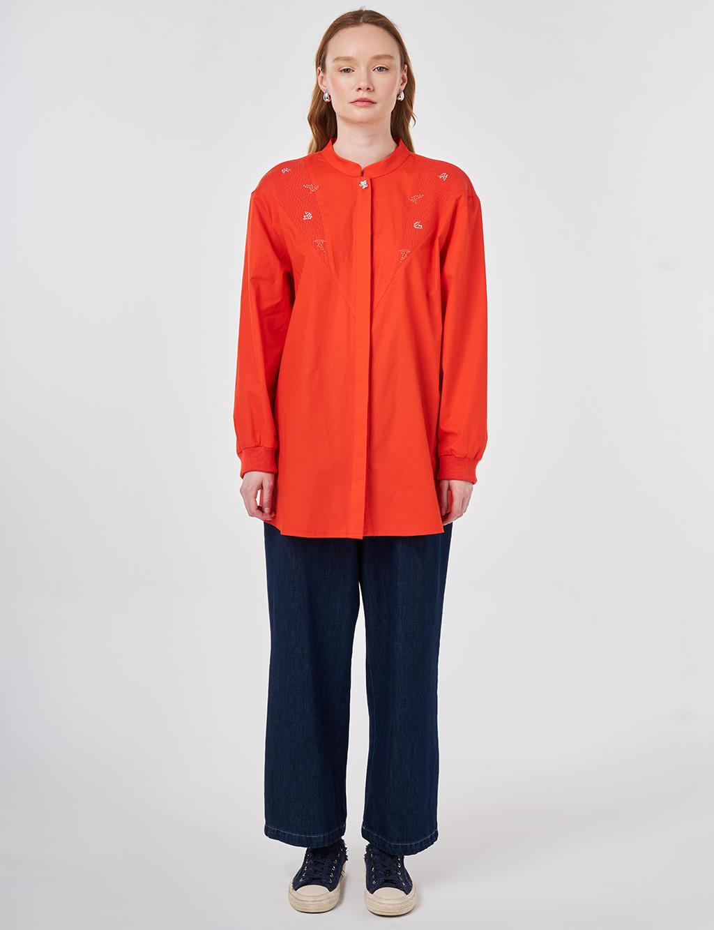 Patch Stitched Cotton Blouse, Coral